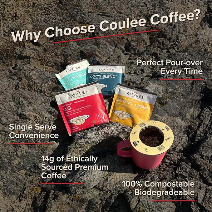 Coulée EcoPour O.G. Coffee, All Paper Single Serve Colombian Coffee, Medium Roast, Use for Camping or Traveling, Pre Filled Compostable Filters, Ready to Brew with Hot Water, Plastic Free, 10 Pack