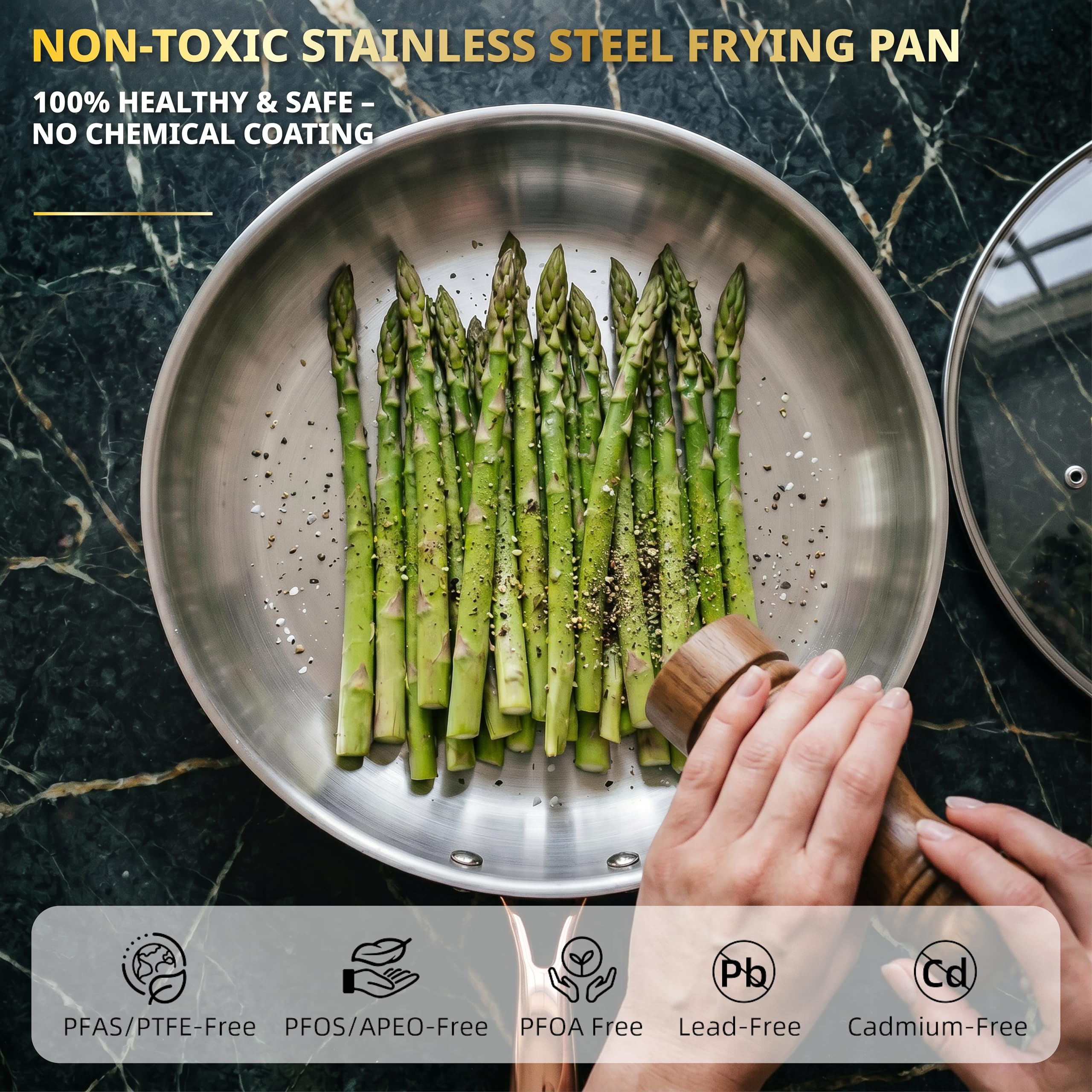 ciwete 12 Inch Tri-Ply Stainless Steel Frying Pan with Lid, Professional Quality Skillet Suitable for All Stove, Oven and Dishwasher Safe, PFOA PTFE PFOS Free, Fast and Even Heating