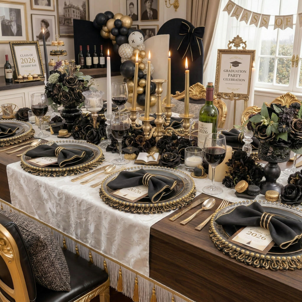 KIRE 60PCS Black Plastic Plates - Black Disposable Plates with Gold Rim - Include 30Pcs 10.25inch for Dinner and 30Pcs 7.5inch for Dessert for Wedding/Graduation/Party