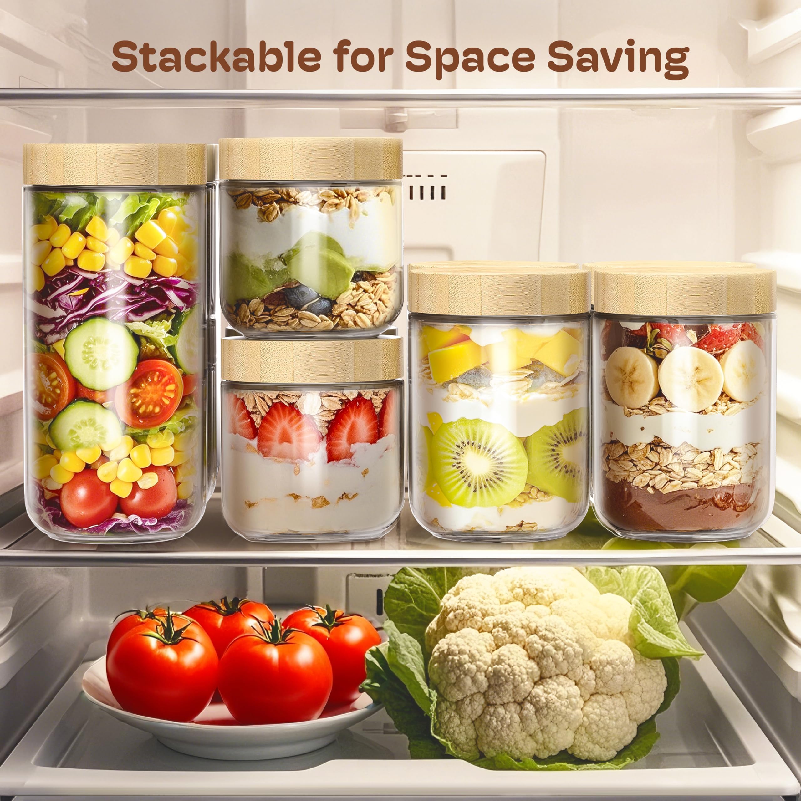 16 oz Overnight Oats Containers with Bamboo Lids, Glass Mason Jars 2 Pack