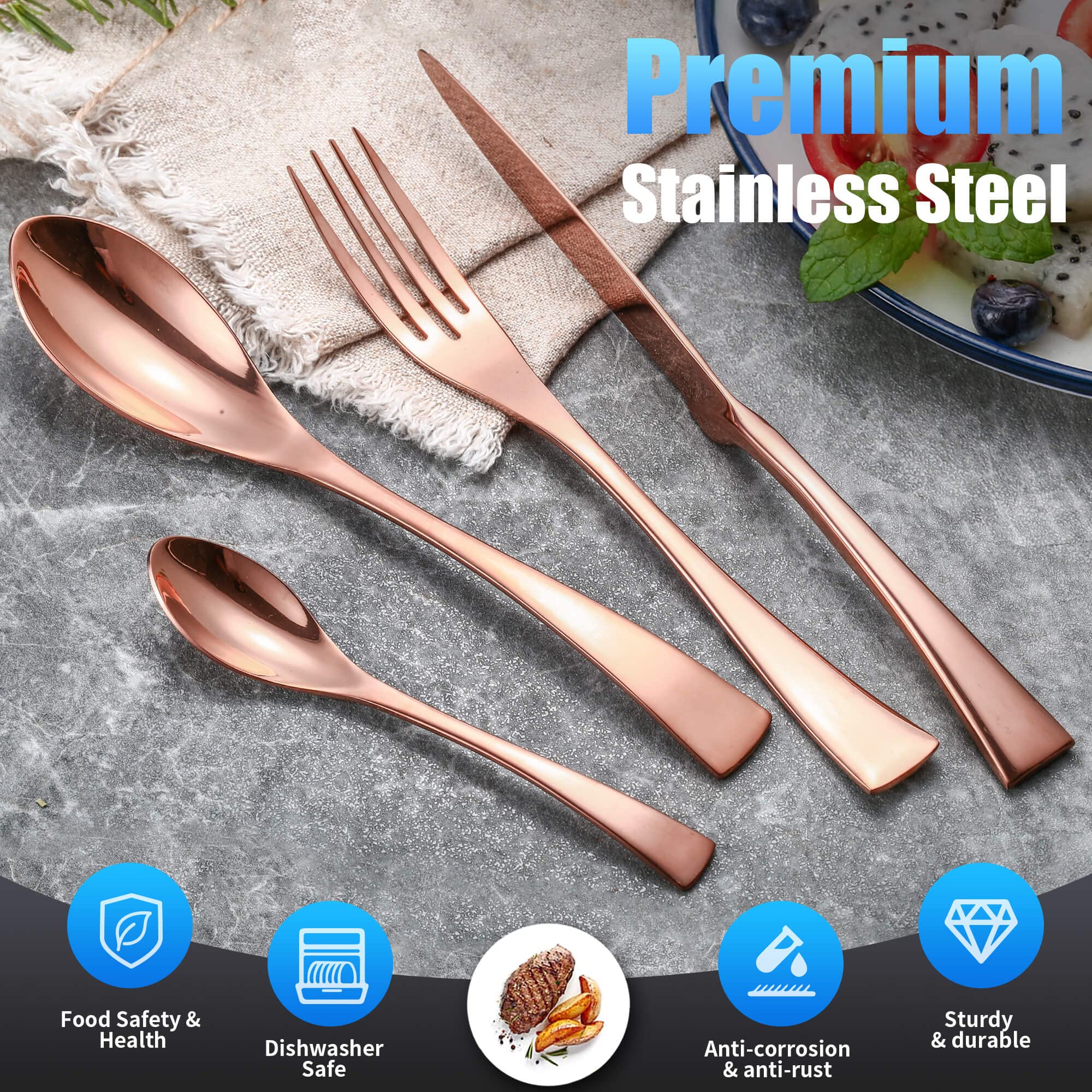 Lemeya 24 Pieces Rose gold Silverware Set for 6,Heavy Duty 18/10 Stainless Steel Flatware Set with Forged Stand Knife,Modern Cutlery Utensil Set,Mirror Polished,Dishwasher Safe