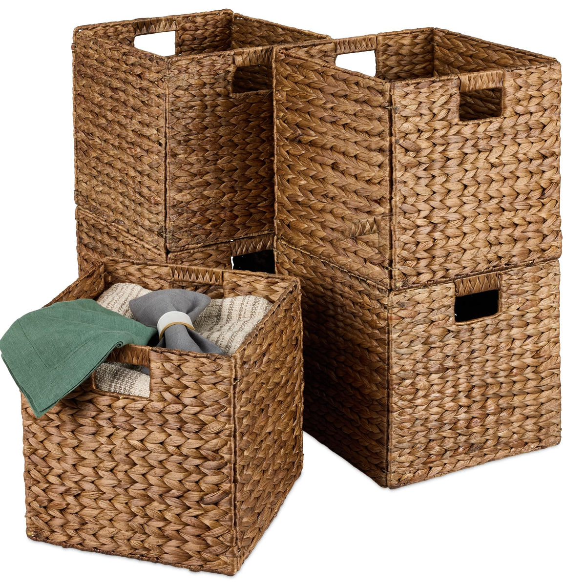 Best Choice Products 10.5x10.5in Pack of 5 Cube Storage Baskets, Water Hyacinth Multipurpose Collapsible Organizers, Handwoven Laundry Totes for Laundry, Living Room, Kids Room & Nursery - Whitewash