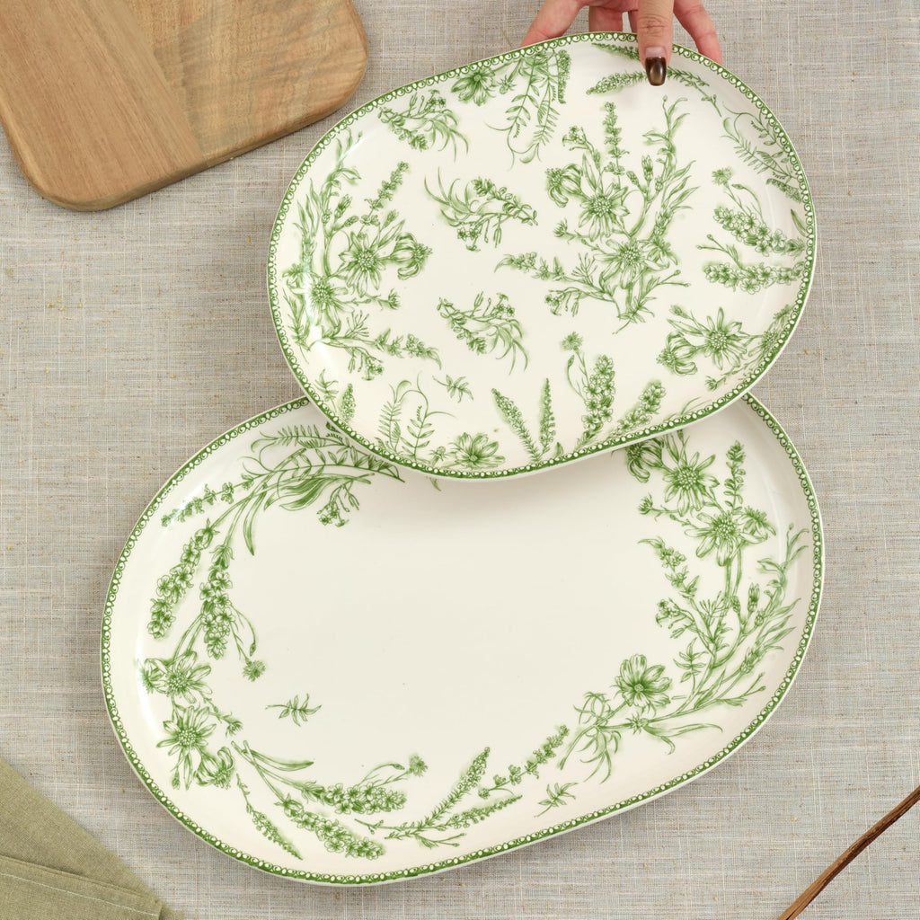 Bico Green Garden Toile De Jouy 16 plus 12 inch Oval Platters Set, Set of 2, Microwave and Dishwasher Safe, for Serving Fish, Chicken, Turkey