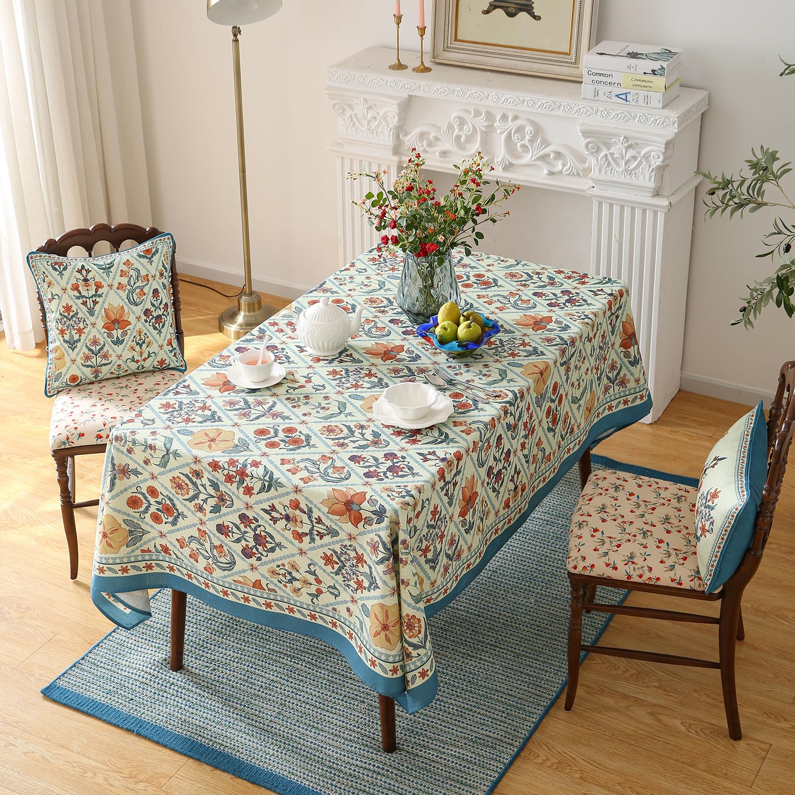 ISAENNE Designer Elegant Linen Rectangular Tablecloth,110"x63"-Floralsea A