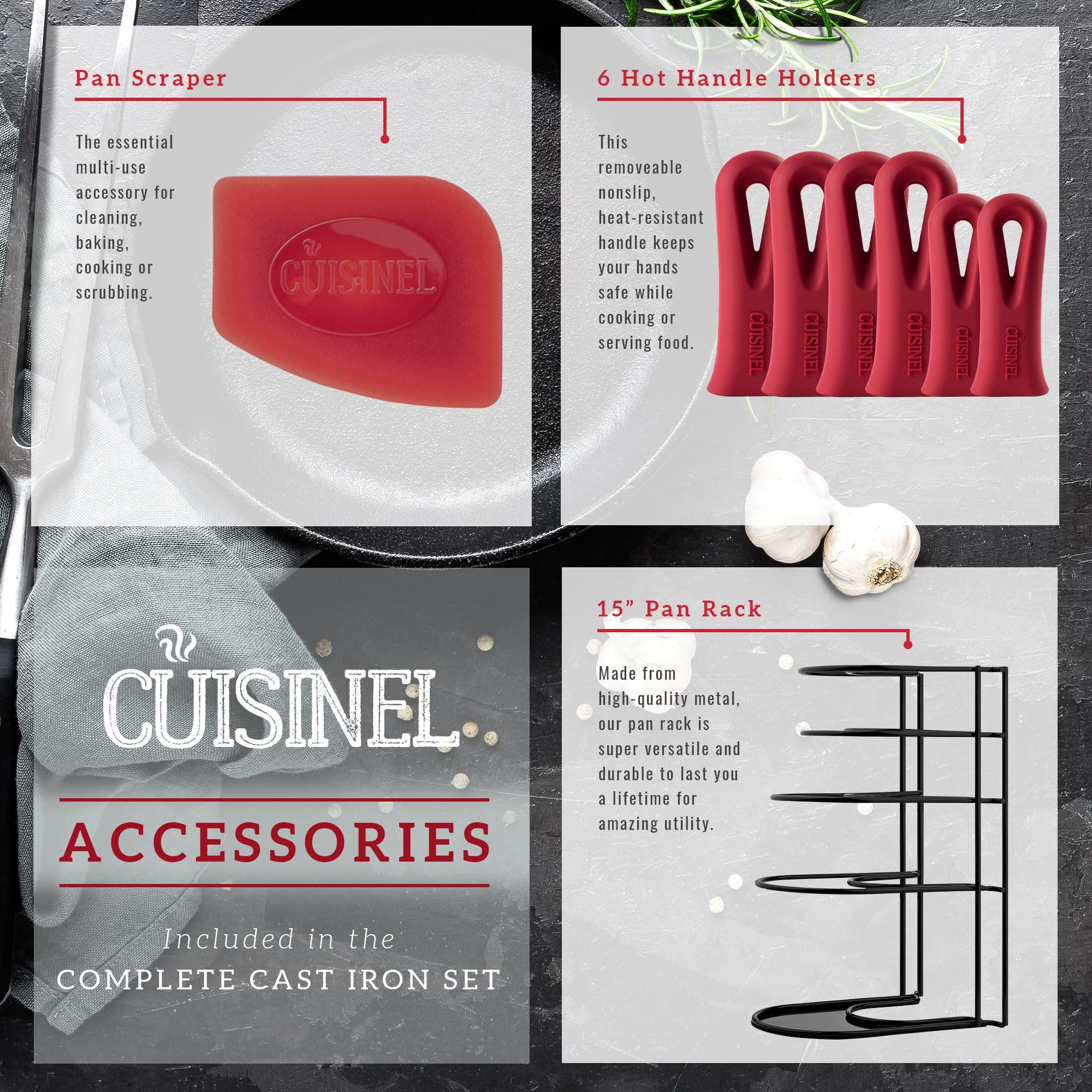Cast Iron Cookware 18-Piece Set - Pre-Seasoned 6" + 8" + 10" + 12" Skillet + Grill Pan+Lid + Griddle + Pizza Pan + Dutch Oven+Cover/Pan + Panrack + Silicone Handle Cover + Pan Scraper/Cleaner