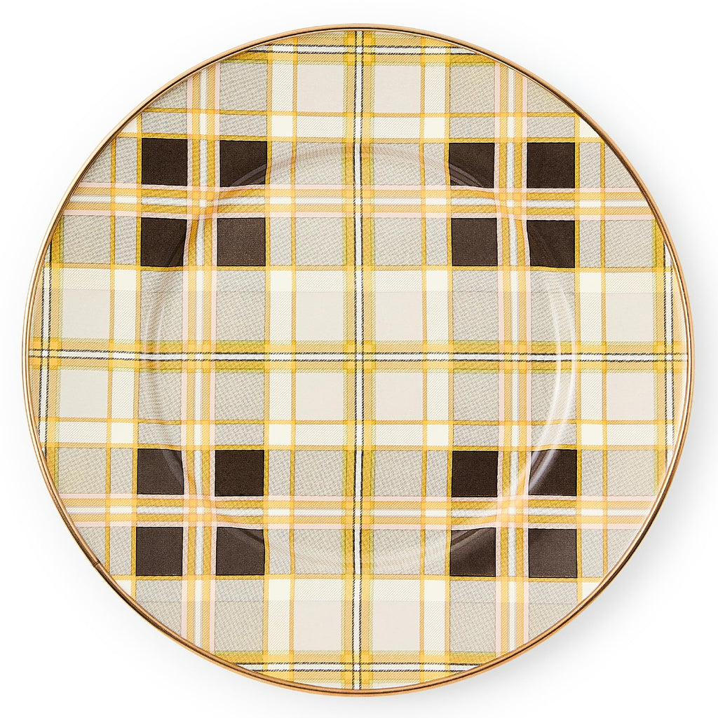 MACKENZIE-CHILDS Enamel Salad and Dessert Plate, Small Plate for a Dessert or Appetizer Dish, 8 Inches, Brown-and-White Tartan Mocha