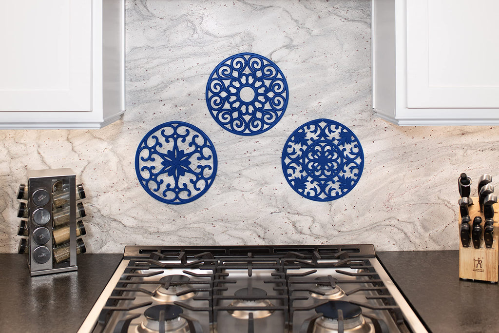 GASARÉ, Extra Large, Thick, 10" Silicone Trivets for Hot Dishes, Pots, and Pans, Hot Pads for Countertops, Flexible, Dishwasher Safe, 10 x ¼ Inches, Set of 3, Blue