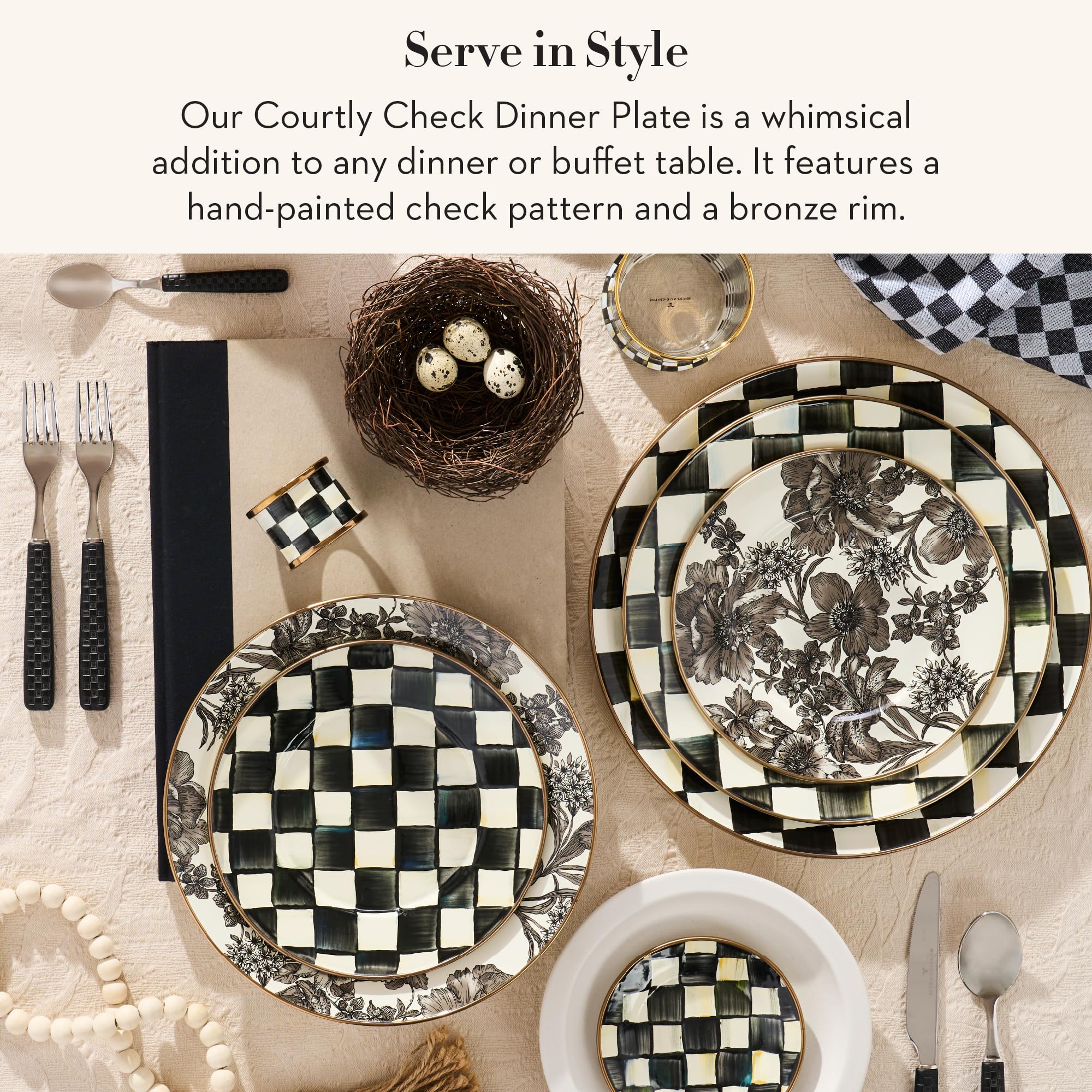 MACKENZIE-CHILDS Enamel Dinner Plate, Black-and-White Courtly Check