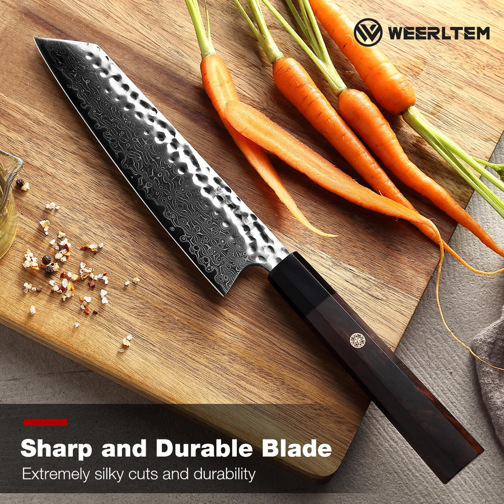 WEERLTEM Kiritsuke Chef Knife 8 Inch, Hand-forged 67-Layer VG10 High Carbon Steel Japanese Damascus Chef Knife, Ultra Sharp Hammered Damascus Chef Knife with Octagonal Ebony Handle & Gift Box
