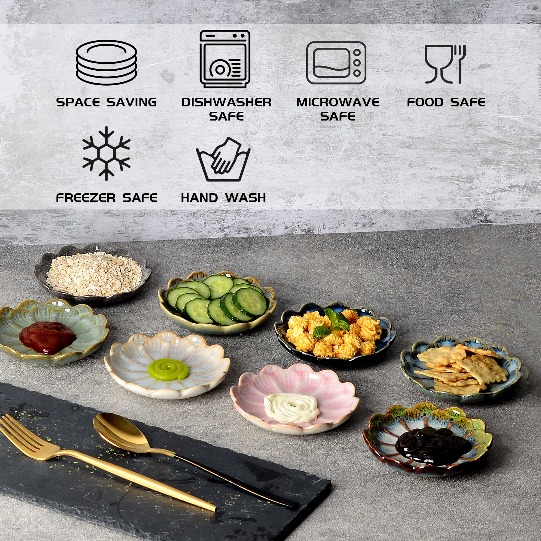 ZEBERBO Ceramic Dipping Bowls Set of 8, 3 oz Sauce Cups, Chrysanthemum Round Small Side Dish for Sushi, Tomato, Soy Sauce, Condiment Finger Bowls