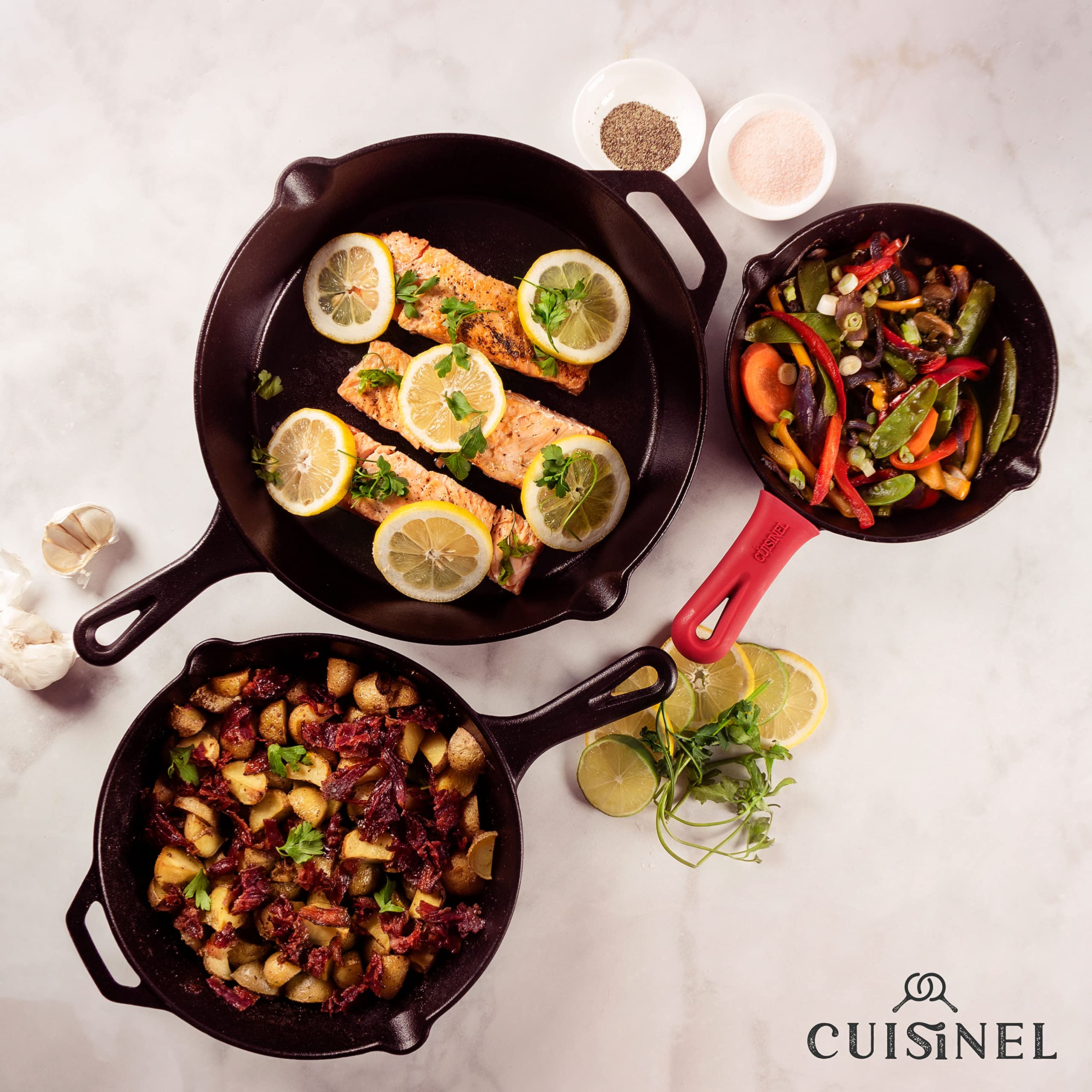 Cuisinel Cast Iron Skillet Set - 8" + 10" + 12"-Inch Pre-Seasoned Frying Pans + Silicone Handle Grip Covers - Indoor/Outdoor, Oven, Grill, Stove, BBQ, Fire, Induction Safe Kitchen and Camping Cookware