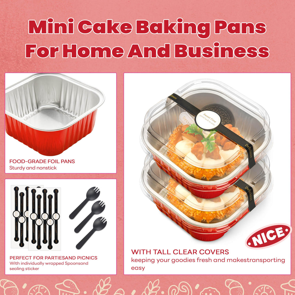NPLUX Square Cake Pans with Lids, 50 Pack Red 10oz for Seasonal Baking