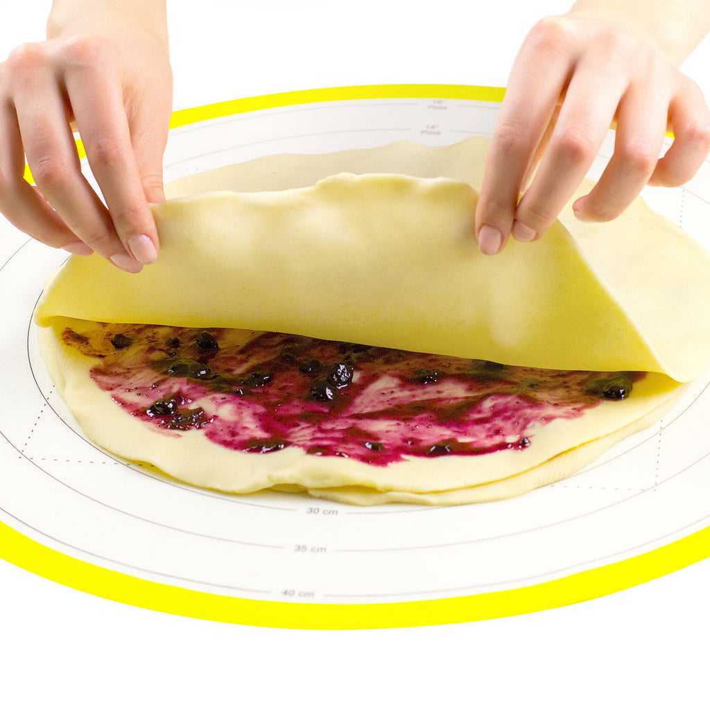 BakeitFun 17.75 Inch Round Silicone Pastry Mat | Non Stick BPA-Free | Metric & Imperial Guides | Oven Microwave Freezer Dishwasher Safe - 450 °F to -40 °F