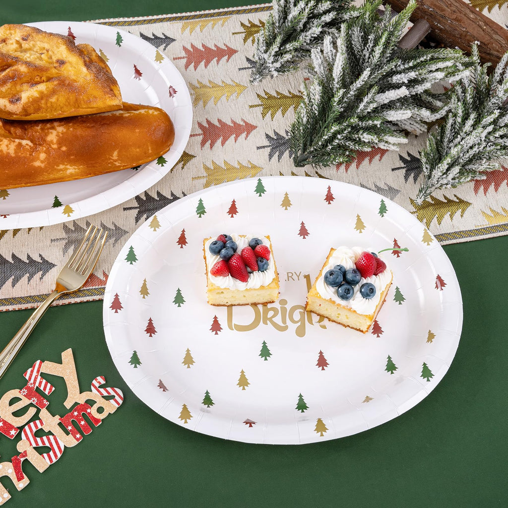 WDF 100 Pack Christmas Paper Plates - 10" x 12"Disposable Christmas Plates Disposable with Christmas Trees-Large Oval Paper Plates Heavy Duty- Party Plates for Christmas