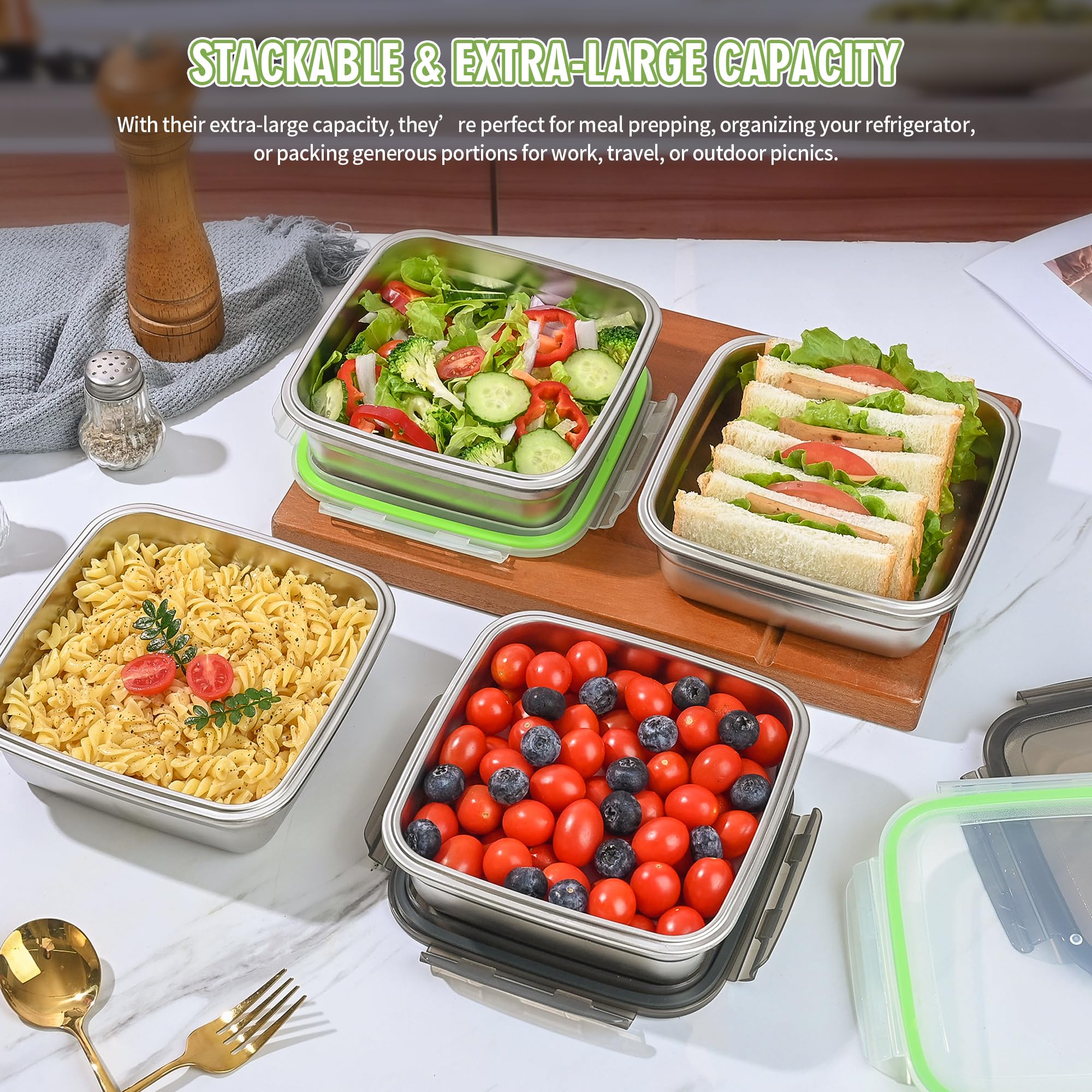 2 Pack Sandwich Containers, 40oz Stainless Steel Sandwich Box with Airtight Lids, Reusable Metal Meal Prep Lunch Boxes, BPA-Free, Dishwasher Safe, Large Capacity Food Storage Containers (Green)