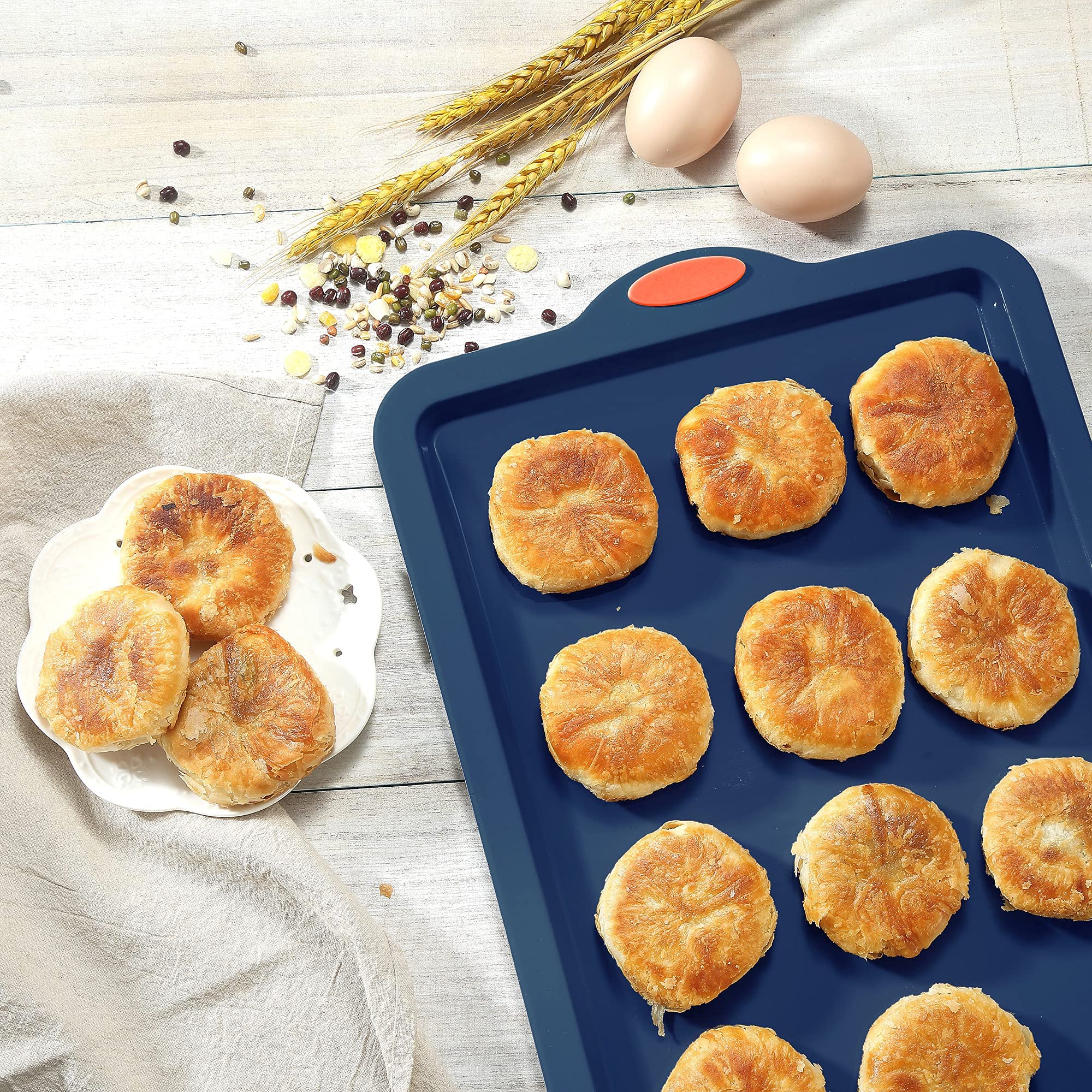 To encounter 8 in 1 Silicone Baking Set - 6 Cake Molds - 2 Silicone Baking Mat, Nonstick Cookie Sheet, Cake Muffin Bread Pan with Grips and Metal Reinforced Frame More Strength, Navy Blue