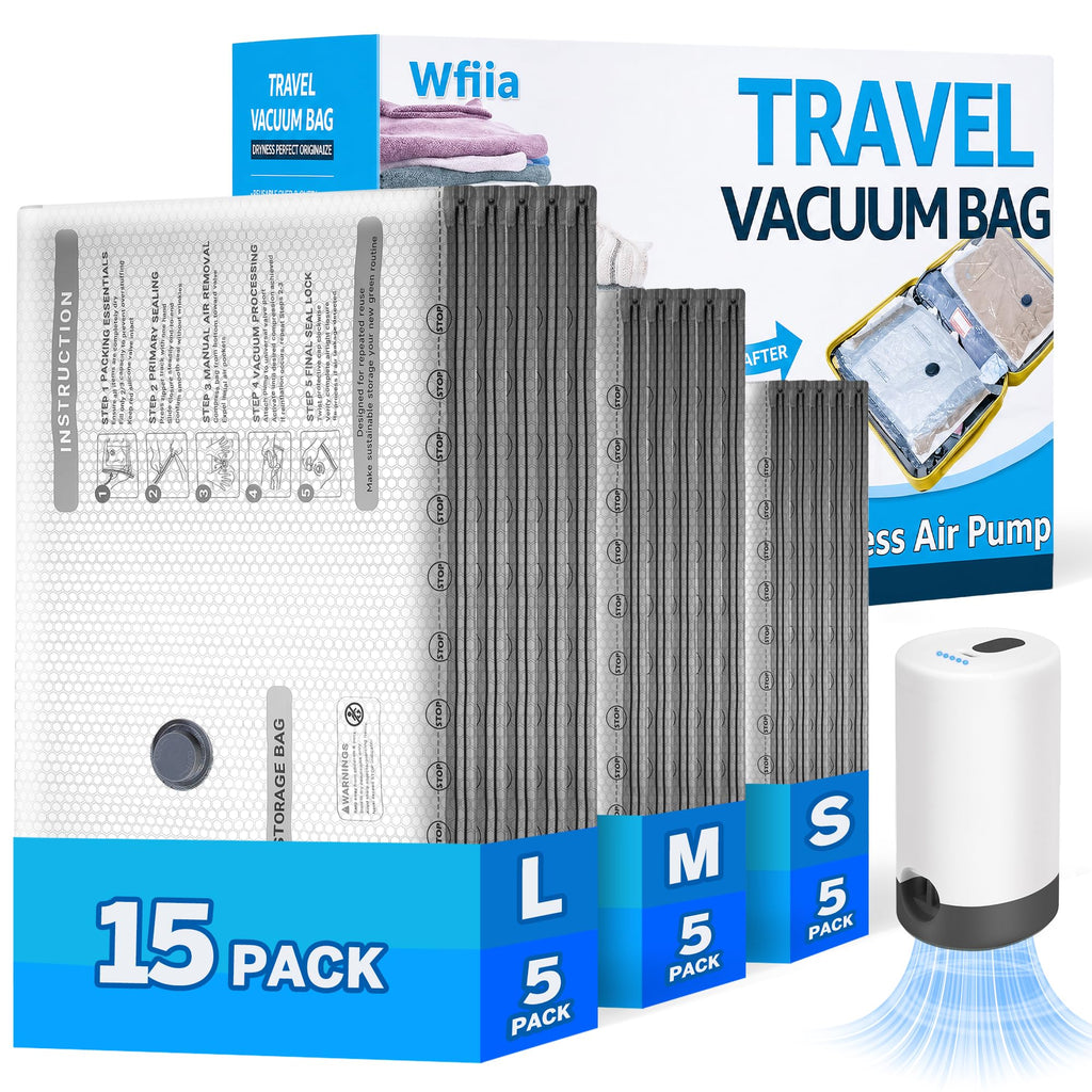 15 Packs Vacuum Bags for Travel with Rechargeable Pump, 3 Sizes Vacuum Seal Bags for Clothing, Compression Vacuum Travel Bags for Luggage, Vacuum Packing Bags for Closet Organization