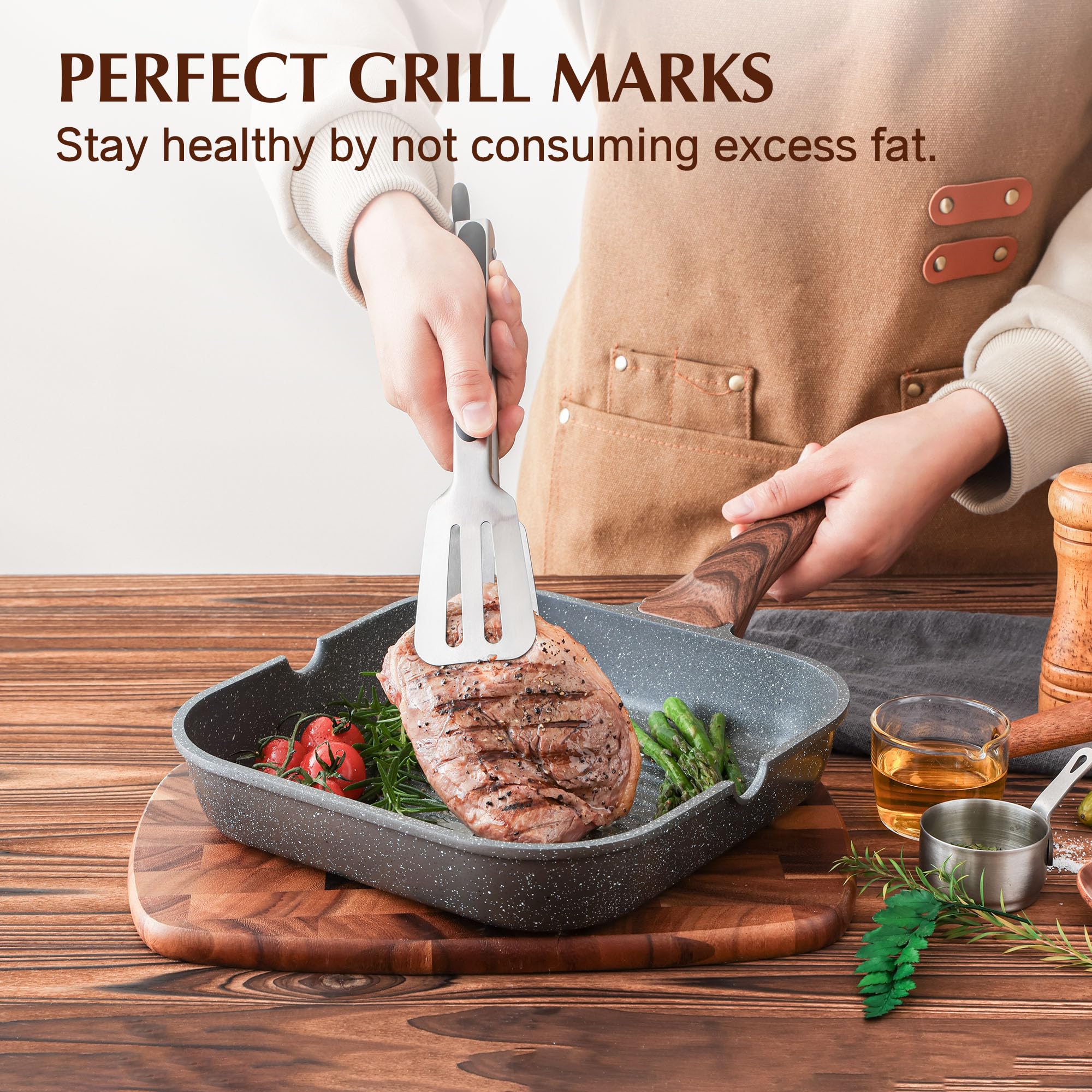 SENSARTE Nonstick Grill Pan for Stove Tops, Versatile Griddle Pan with Pour Spouts, Square Grill Pan for Big Cooking Surface, Durable Grill Skillet for Indoor & Outdoor Grilling. PFOA Free, 11 Inch