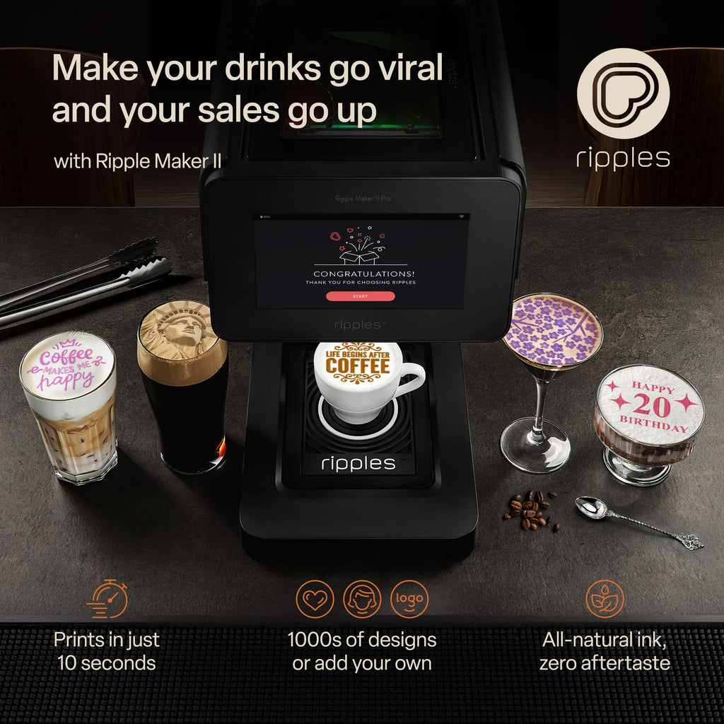 Ripples The Original Maker II, Print on Beverage Foam and Desserts, Plant-Based Ingredients Only, Selfie and Personalized Designs (Machine + Coffee Pod)
