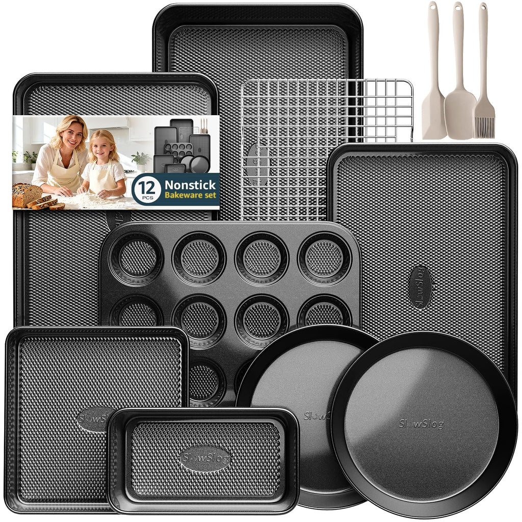 12-Piece Nonstick Bakeware Set, Stackable Non Toxic Baking Pans Set - Black