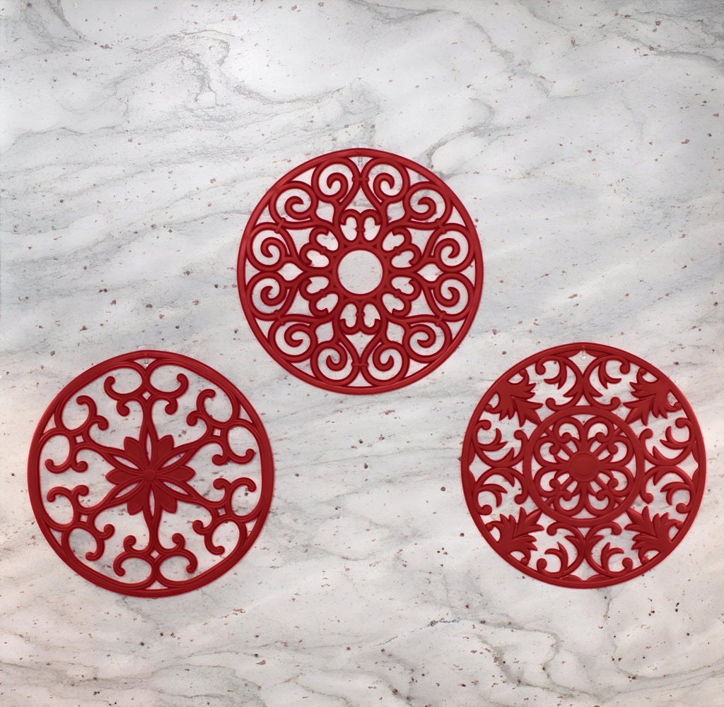 GASARÉ, Extra Large, Thick, 10" Silicone Trivets for Hot Dishes, Pots, and Pans, Hot Pads for Countertops, Flexible, Dishwasher Safe, 10 x ¼ Inches, Set of 3, Red