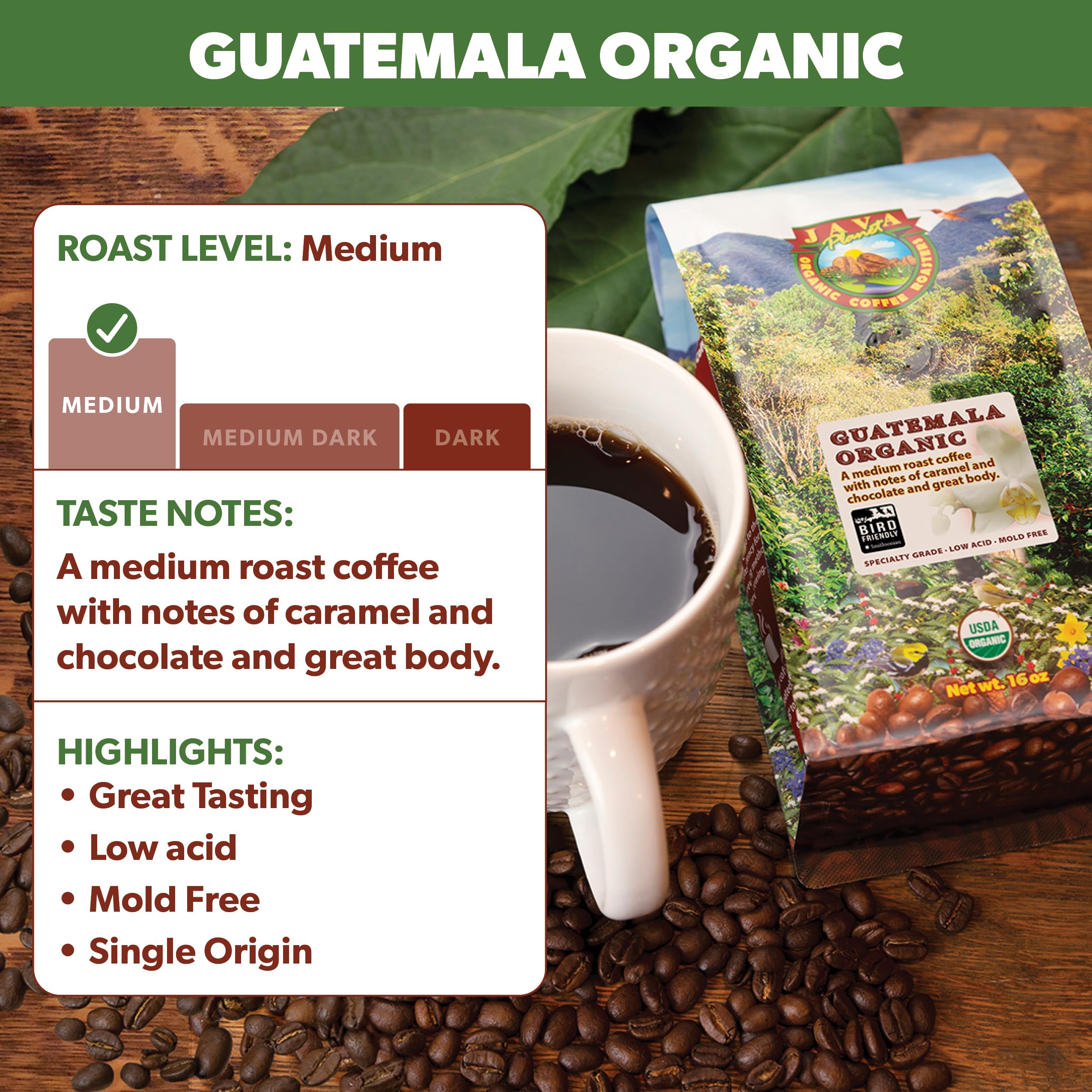 Java Planet Low Acid Organic Whole Bean Coffee, Guatemalan, Med Roast 5lb