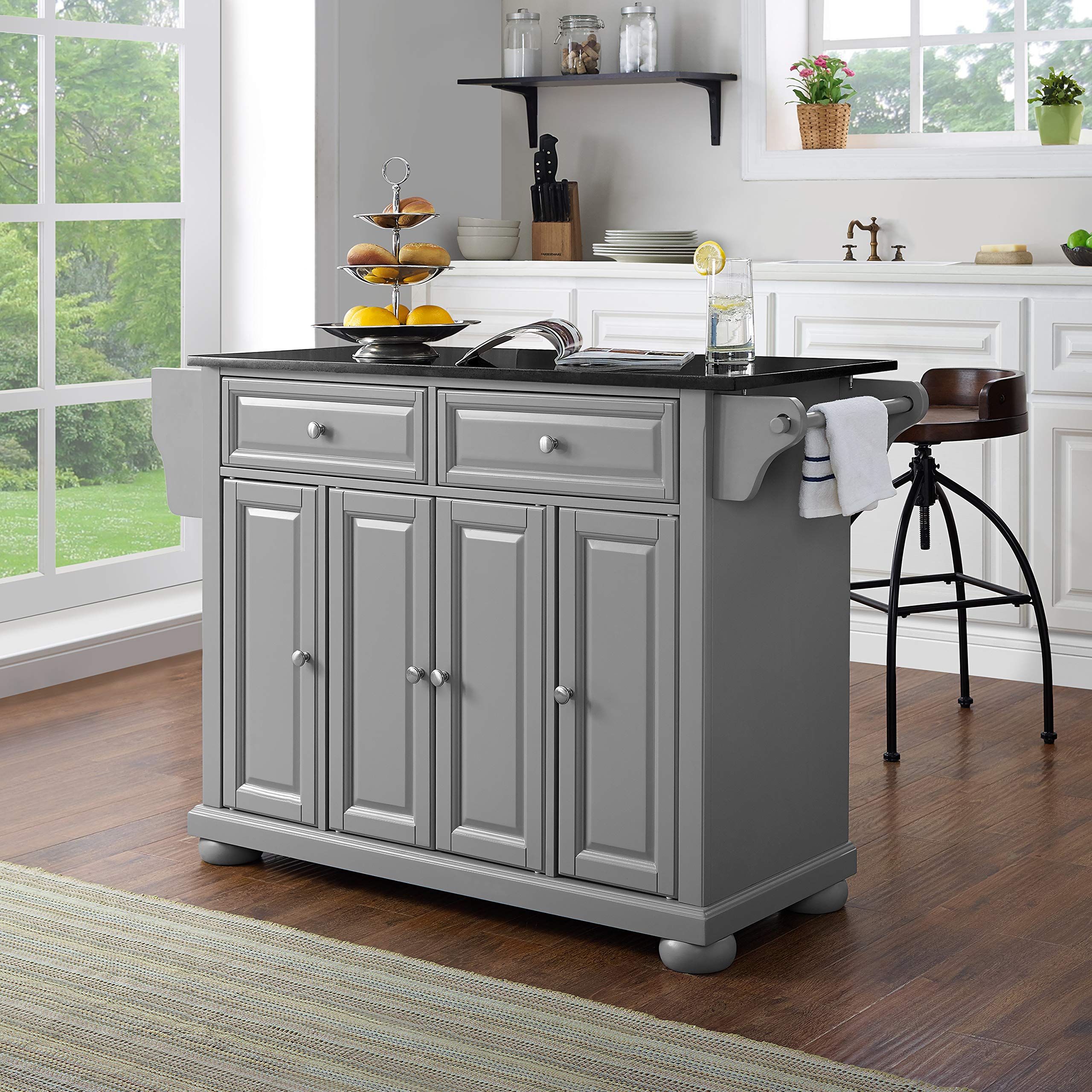 Crosley Furniture Alexandria Granite Top Rolling Kitchen Island Storage Cart, Microwave Stand, Spice Rack, Gray