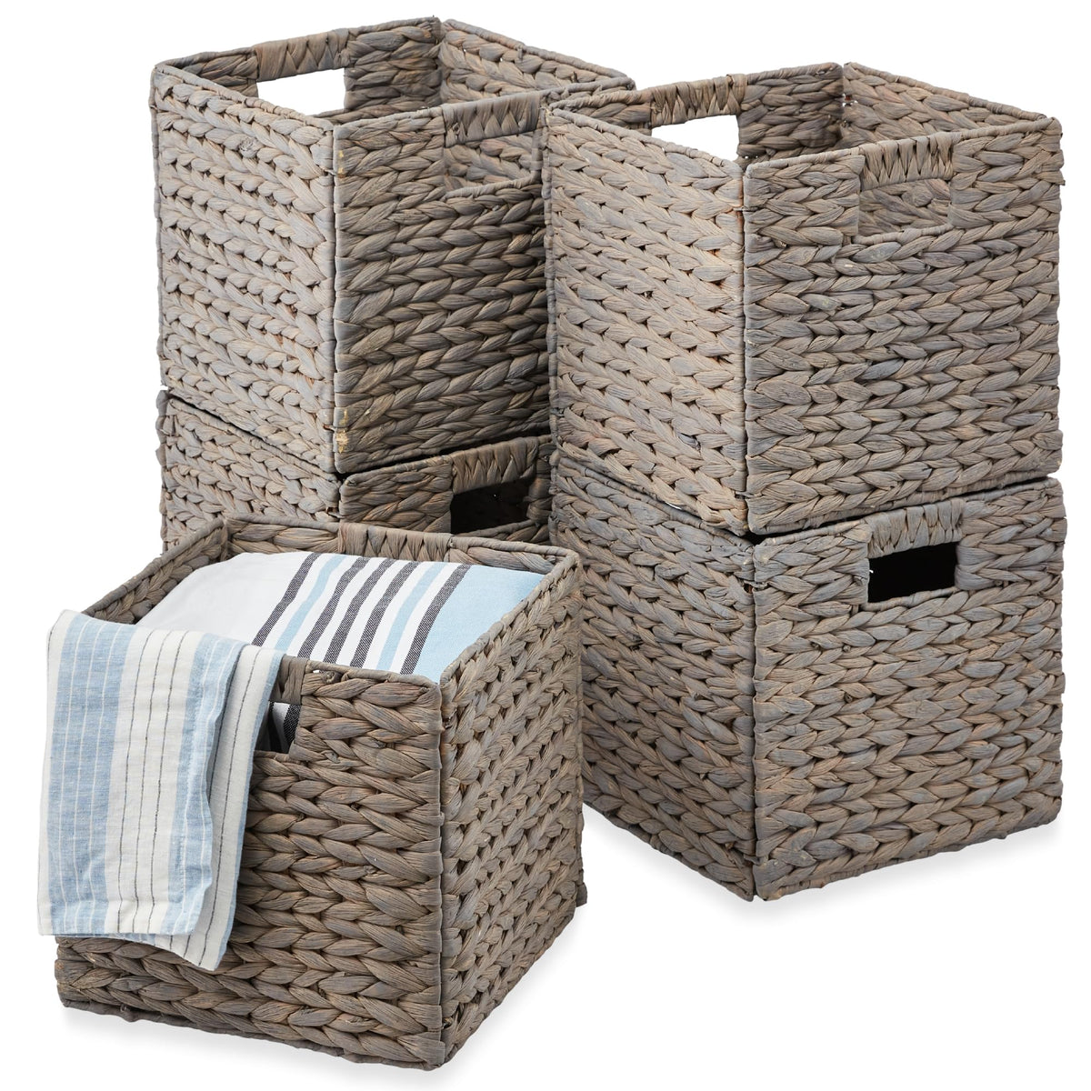 Best Choice Products 10.5x10.5in Pack of 5 Cube Storage Baskets, Water Hyacinth Multipurpose Collapsible Organizers, Handwoven Laundry Totes for Laundry, Living Room, Kids Room & Nursery - Whitewash
