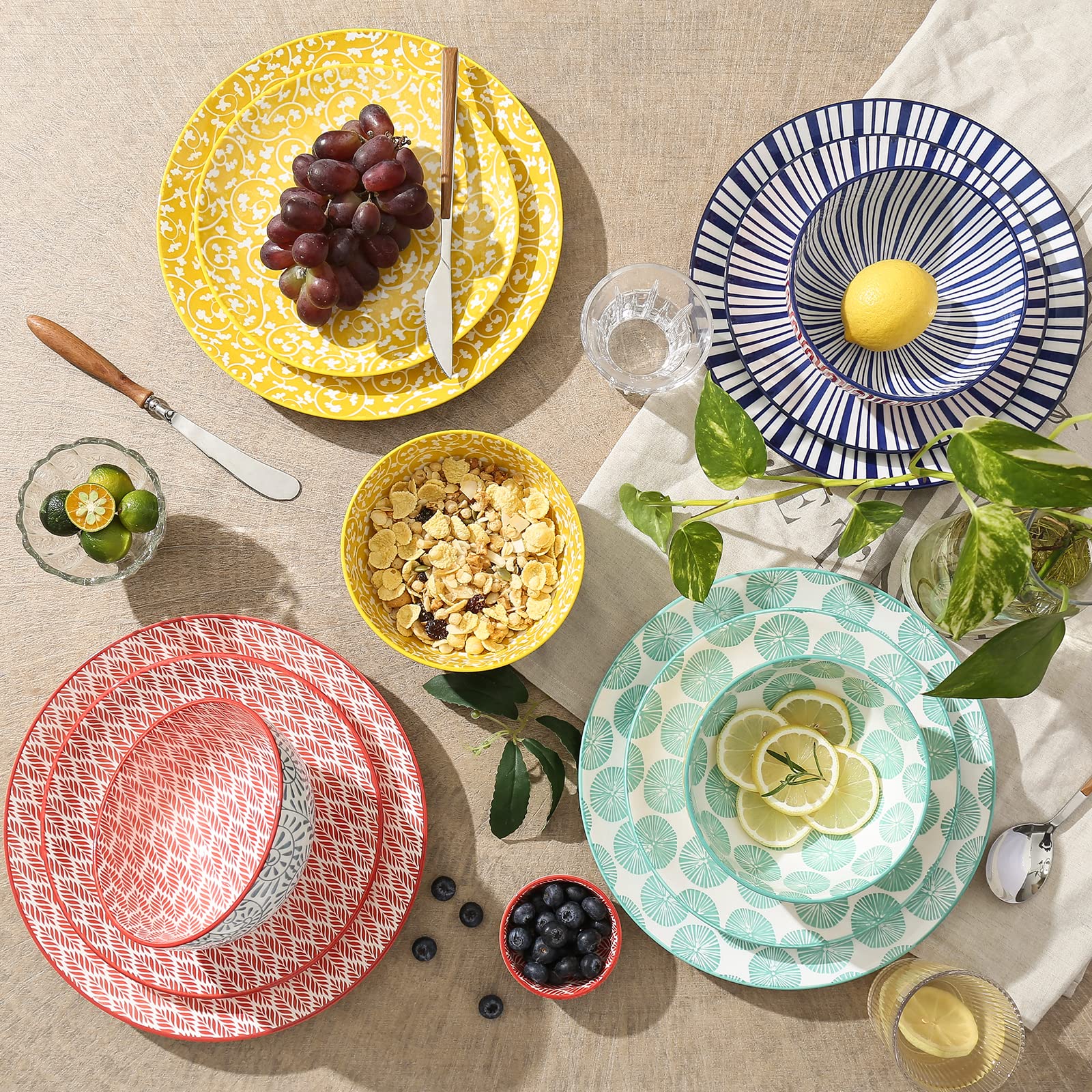 Selamica Ceramic Dinnerware Sets, 12-Pieces Plates and Bowls Sets, Scratch Resistant Dishes set for 4, Dishwasher & Microwave Safe, Assorted Colors