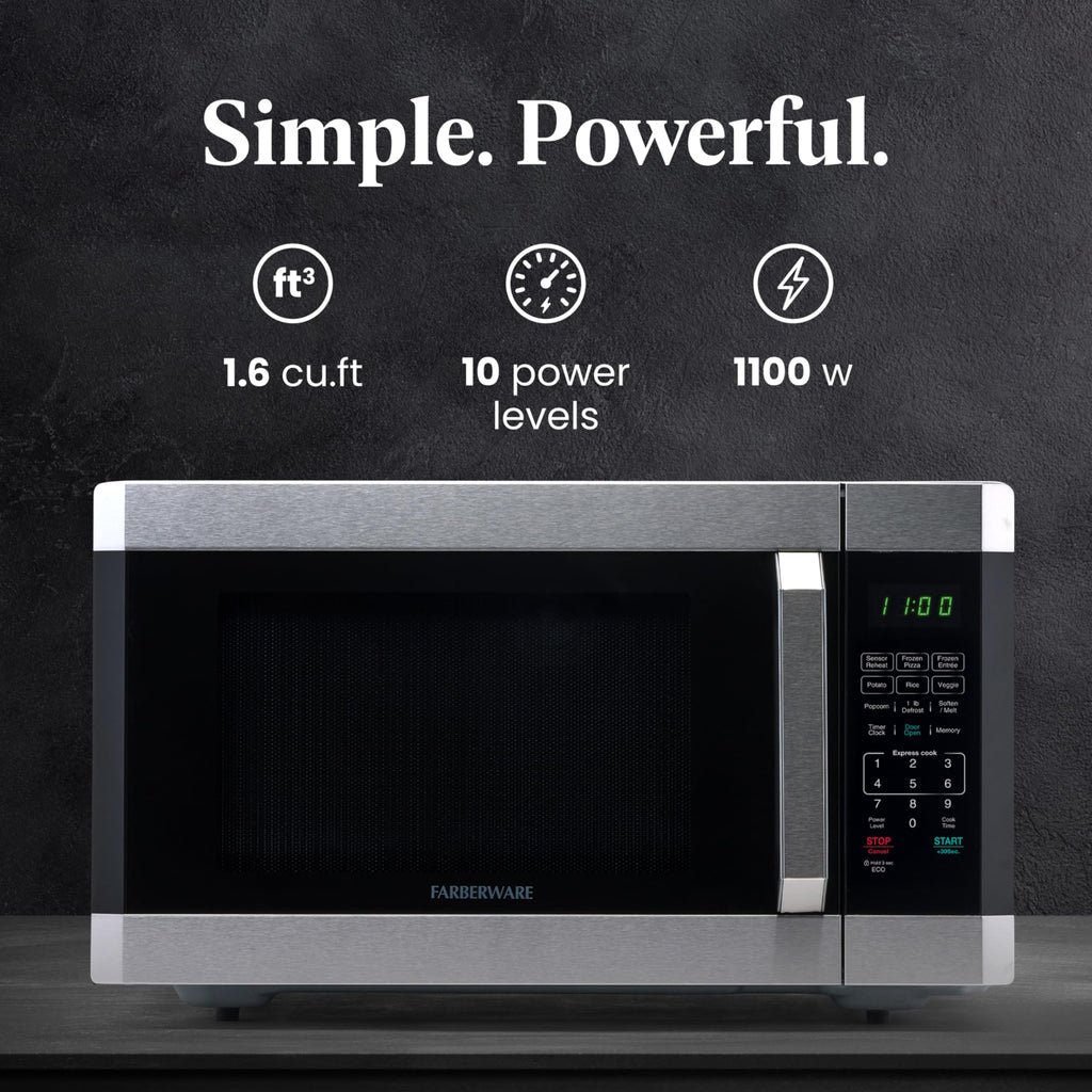 Farberware 1.6 Cu. Ft. Countertop Microwave Oven – 1100 Watts Power, Smart Sensor Auto Cook Settings, Defrost, Easy Clean and Child Safety Lock - Stainless