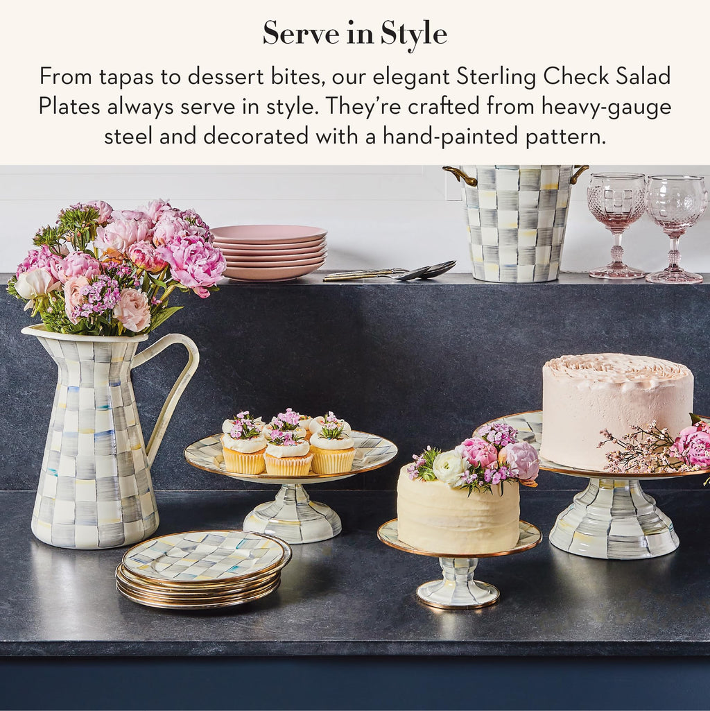 MACKENZIE-CHILDS Enamel Salad and Dessert Plate, Small Plate for a Dessert or Appetizer Dish, 8 Inches, Set of 4, Gray-and-White Sterling Check