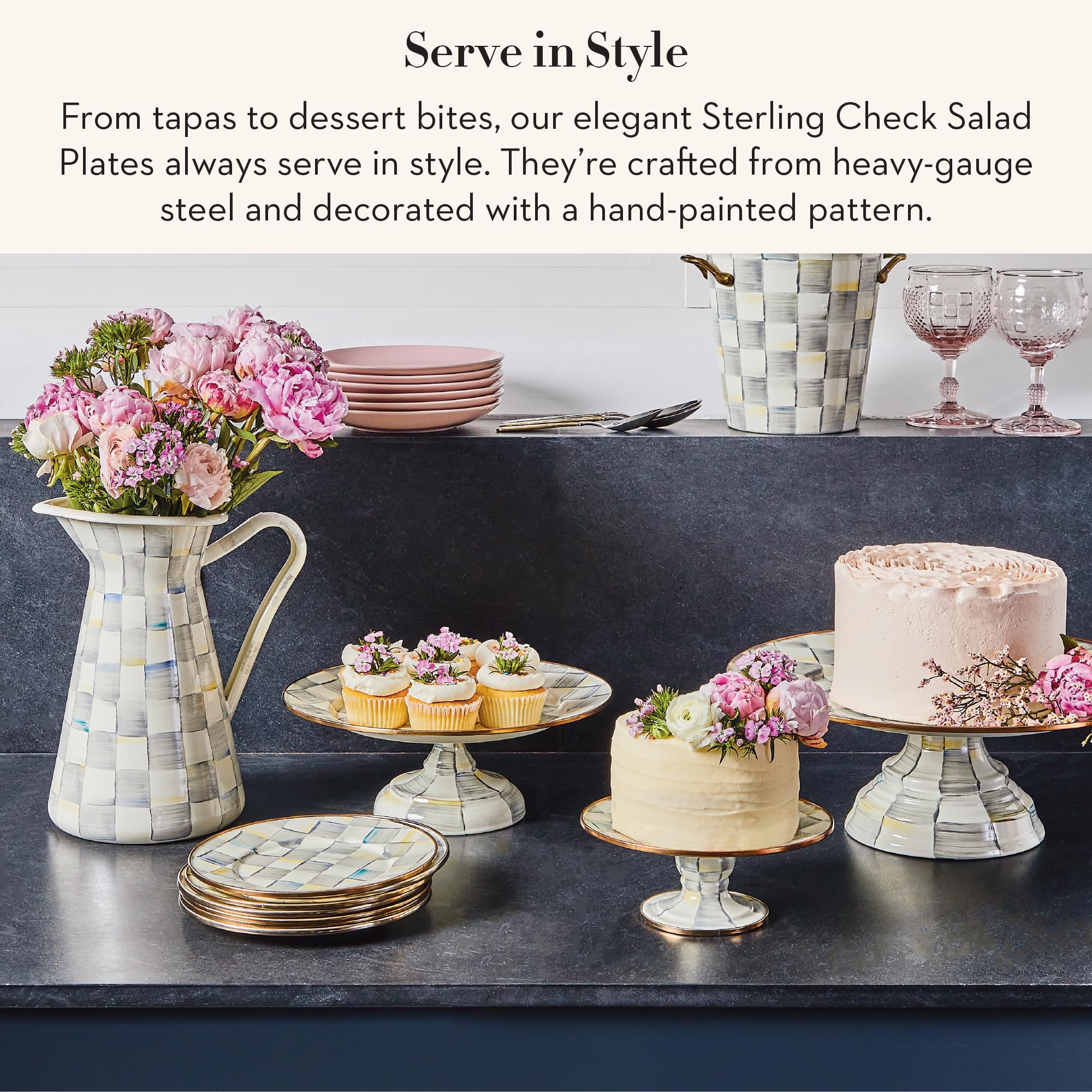MACKENZIE-CHILDS Enamel Salad and Dessert Plate, Small Plate for a Dessert or Appetizer Dish, 8 Inches, Set of 4, Gray-and-White Sterling Check