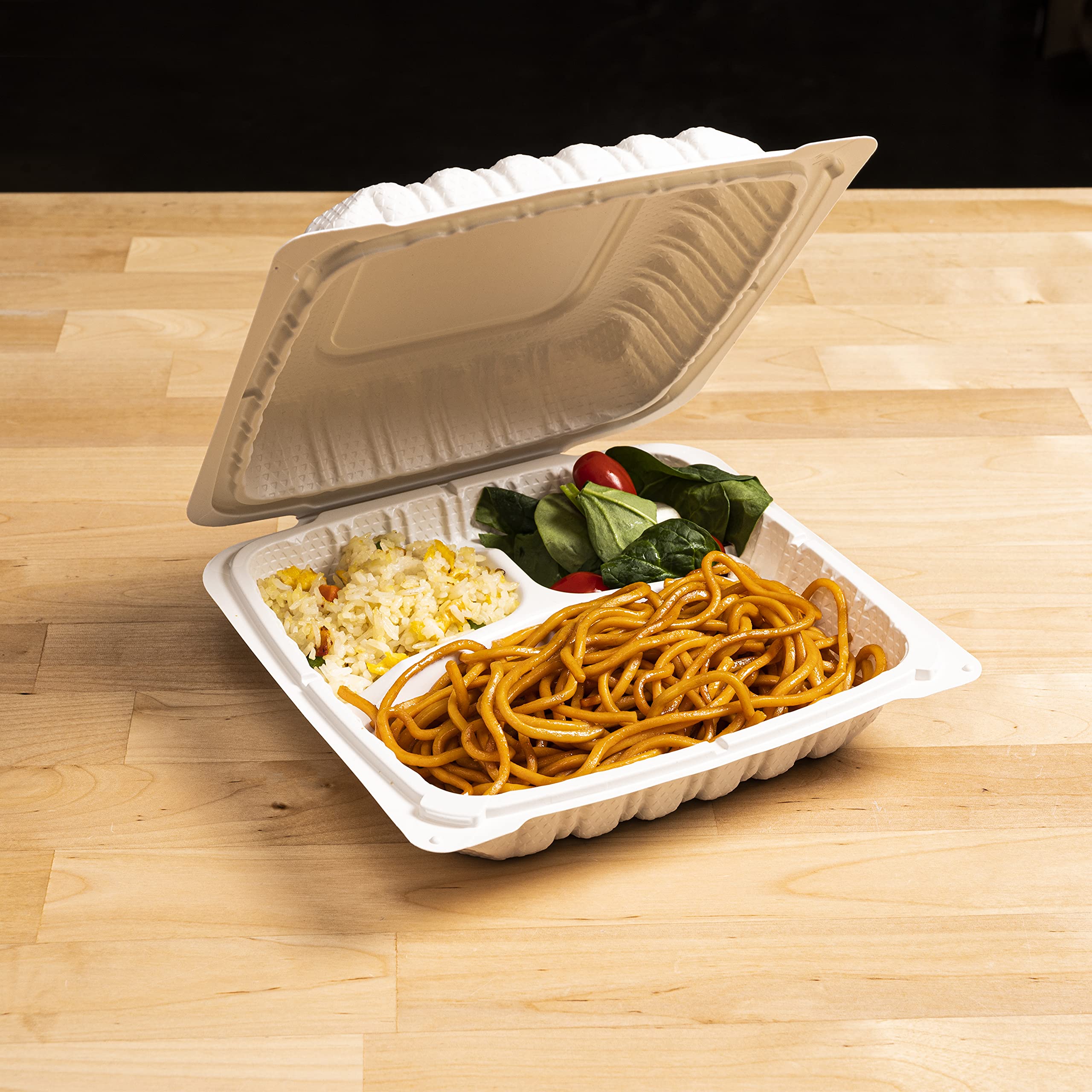 TIYA Clamshell Food Containers - White Bulk 150 Pack, 8x8 in - 3-Compartment To-Go Containers - Microwavable Plastic with Hinged Lid - Great for Meal Prep - BPA-Free
