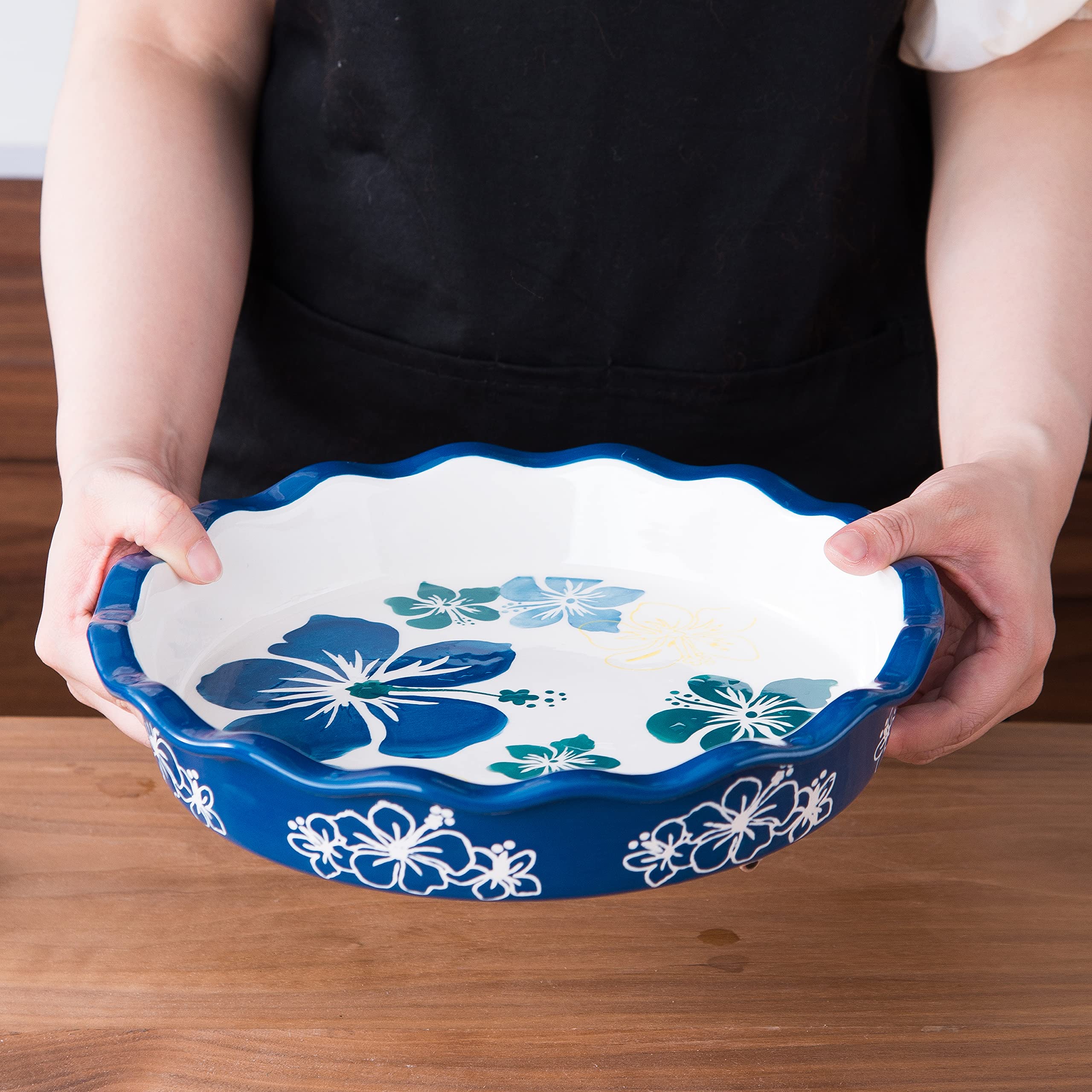 Sagoskat Pie Pan Ceramic Pie Plate, 9 inch Deep Dish Pie Pans, Nonstick Pie Pans for Baking, Blue and White Floral Pie Dish For Kitchen