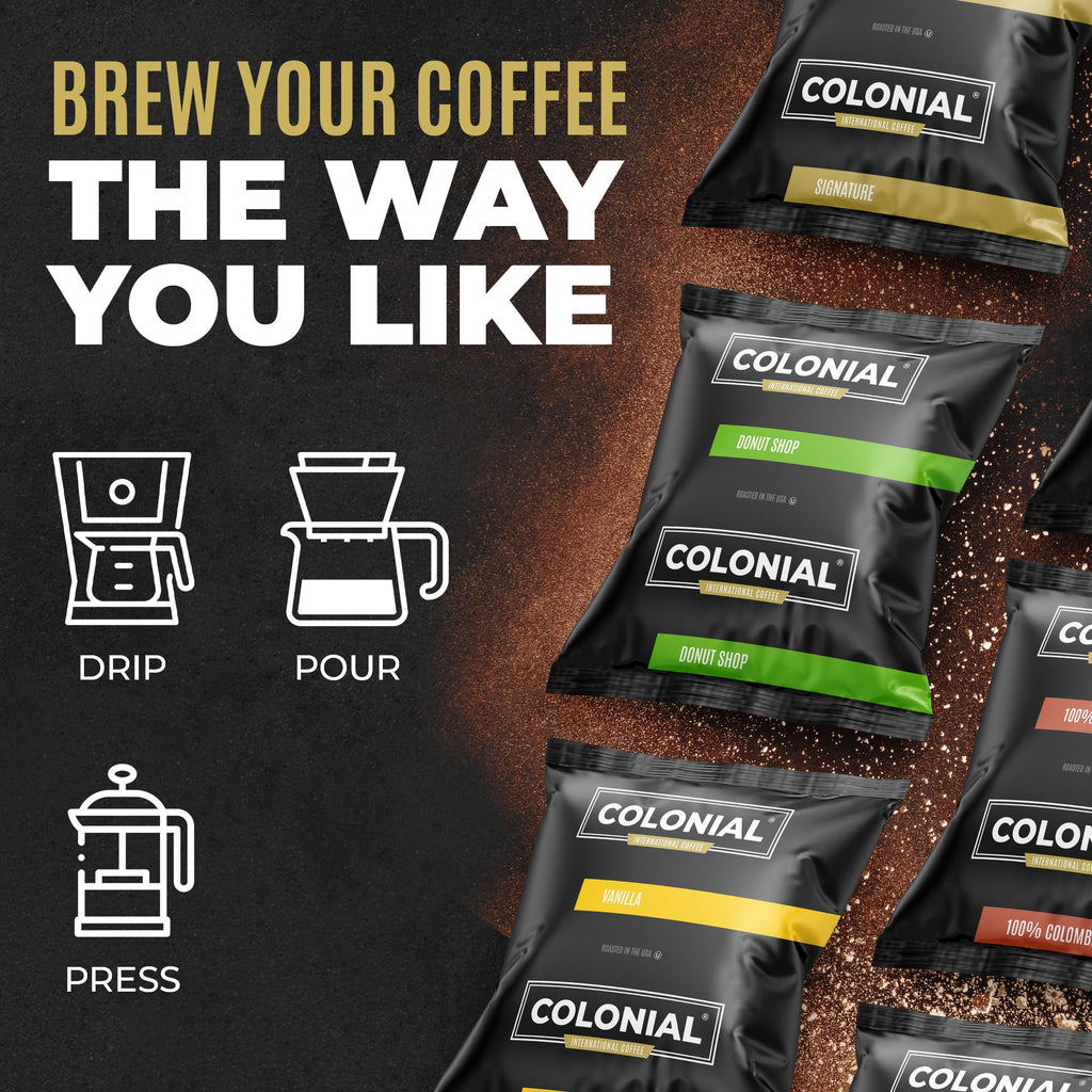 Colonial Coffee Ground Frac Packs, Variety Pack, Med/Dark/Decaf, 32-Ct
