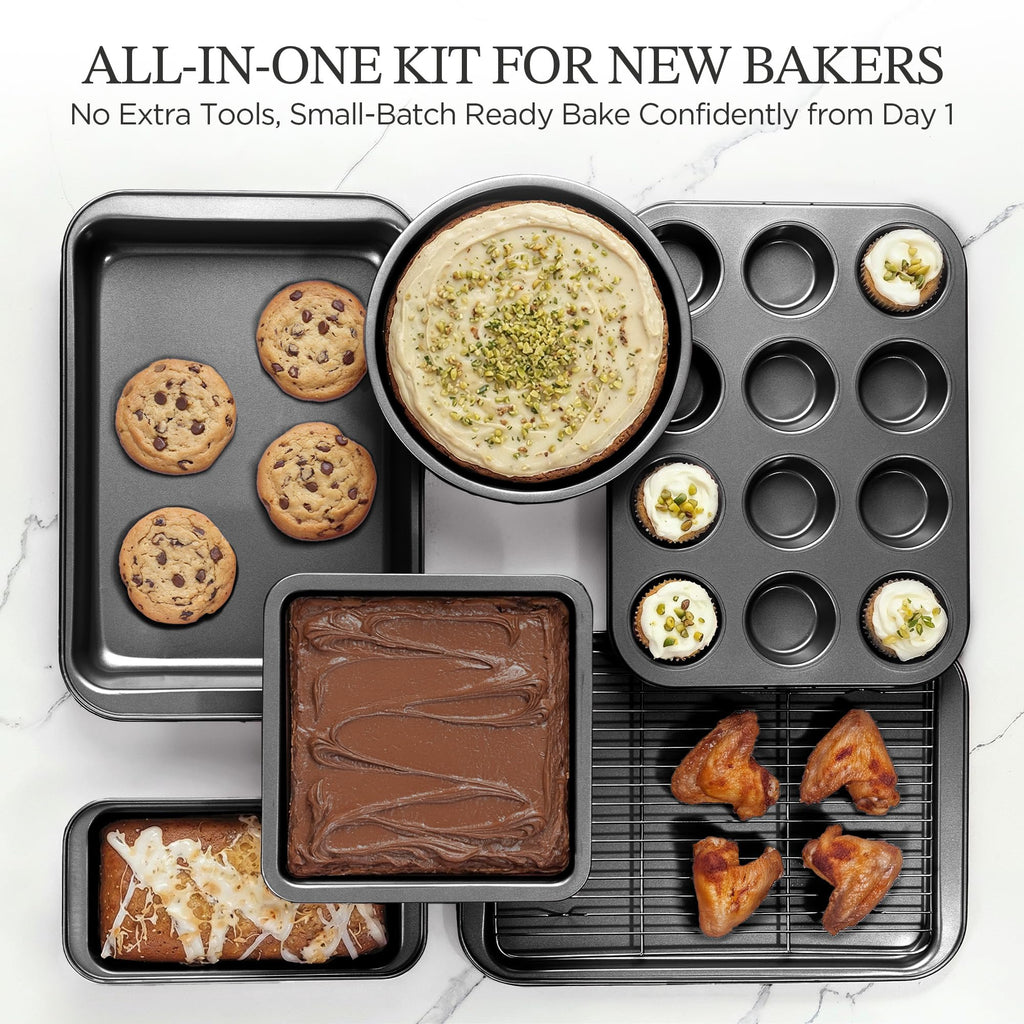 KITESSENSU Compact Baking Pans Sets, Nonstick Bakeware Sets 19-Piece with Round/Square Cake Pan, Loaf Pan, Muffin Pan, Cookie Sheet, Roast Pan, Cooling Rack, Carbon Steel Bake Set