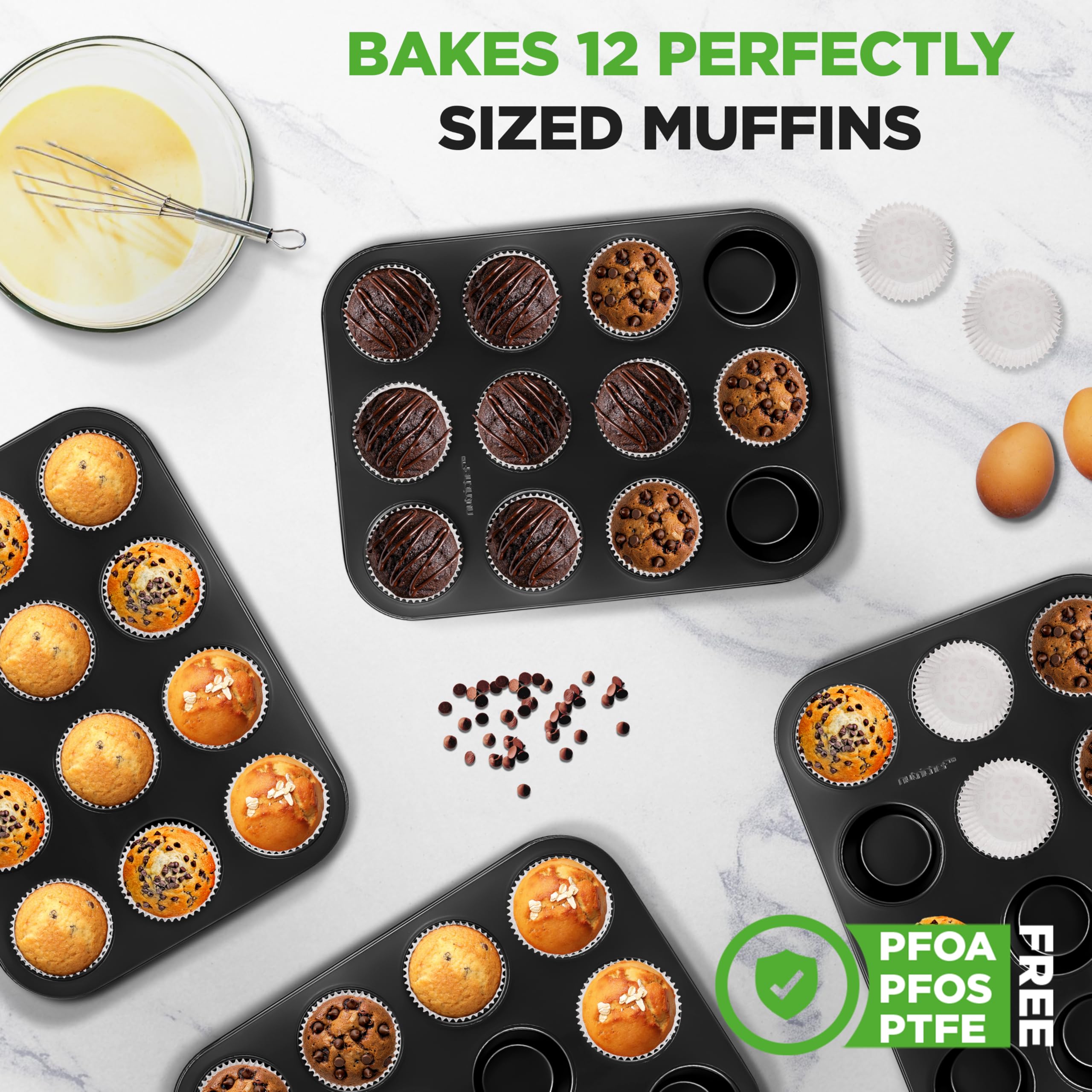 NutriChef Muffin Pans for Baking 4-Pack | Nonstick 12 Mold Cupcake Tins | Carbon Steel Stackable Cup Cake Trays | Dishwasher & Oven Safe | Includes 200 Parchment Paper Liners | 13 x 10 x 1 | Black