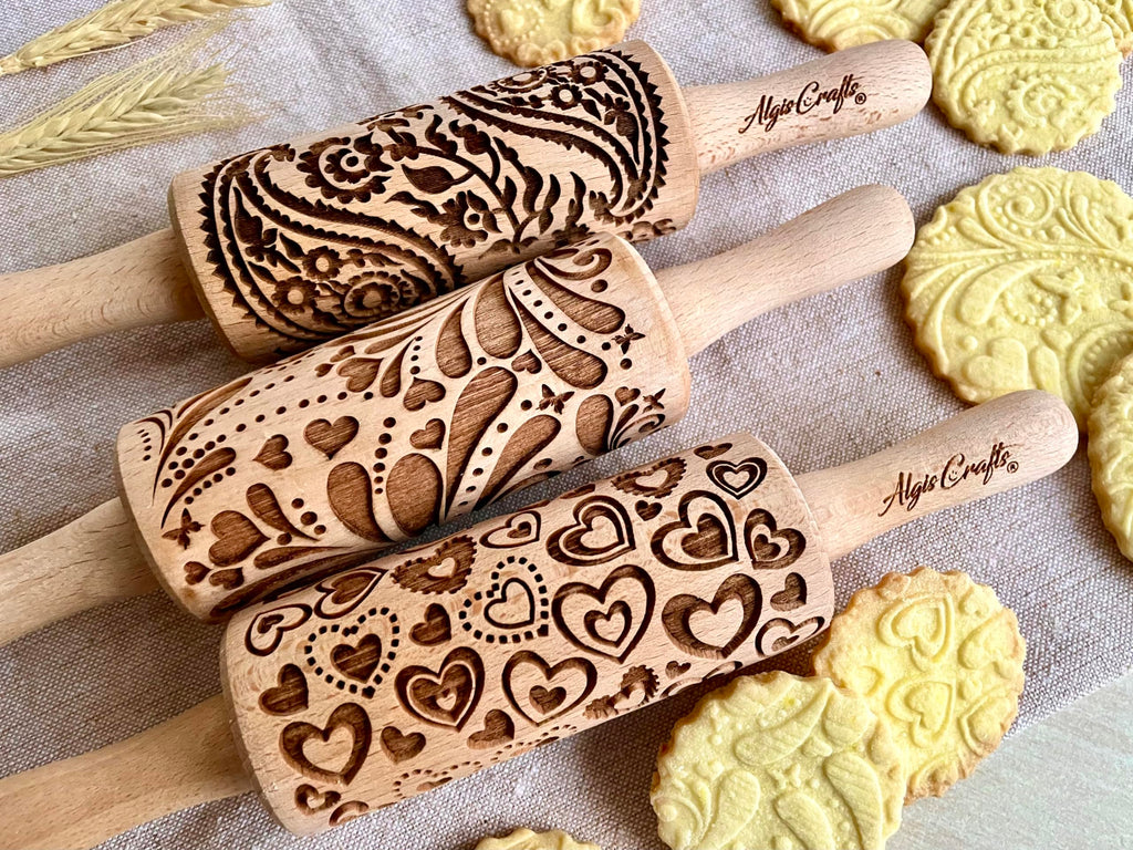LOVELY DAY 3 KID Rolling Pin SET with HEART, PAISLEY and SPRING patterns. Wooden Laser Cut Mini embossing Rolling Pins for cookies, play dough, salt dough or clay by Algis Crafts