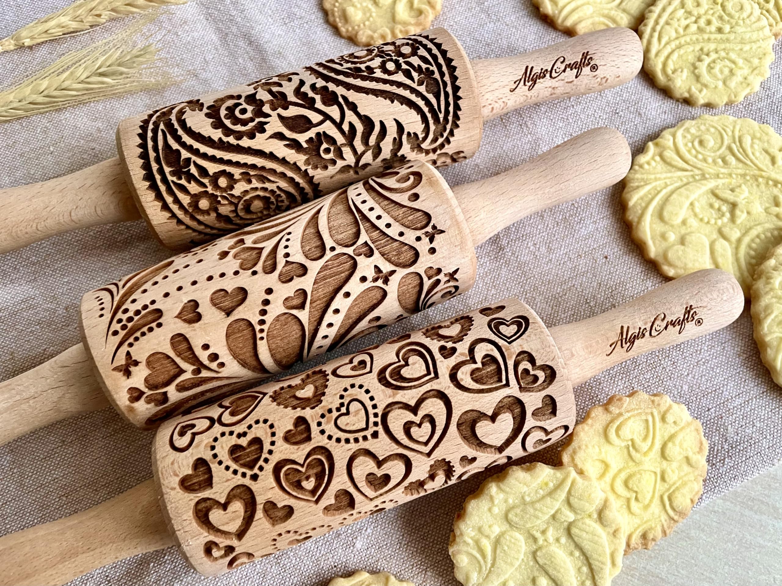 LOVELY DAY 3 KID Rolling Pin SET with HEART, PAISLEY and SPRING patterns. Wooden Laser Cut Mini embossing Rolling Pins for cookies, play dough, salt dough or clay by Algis Crafts