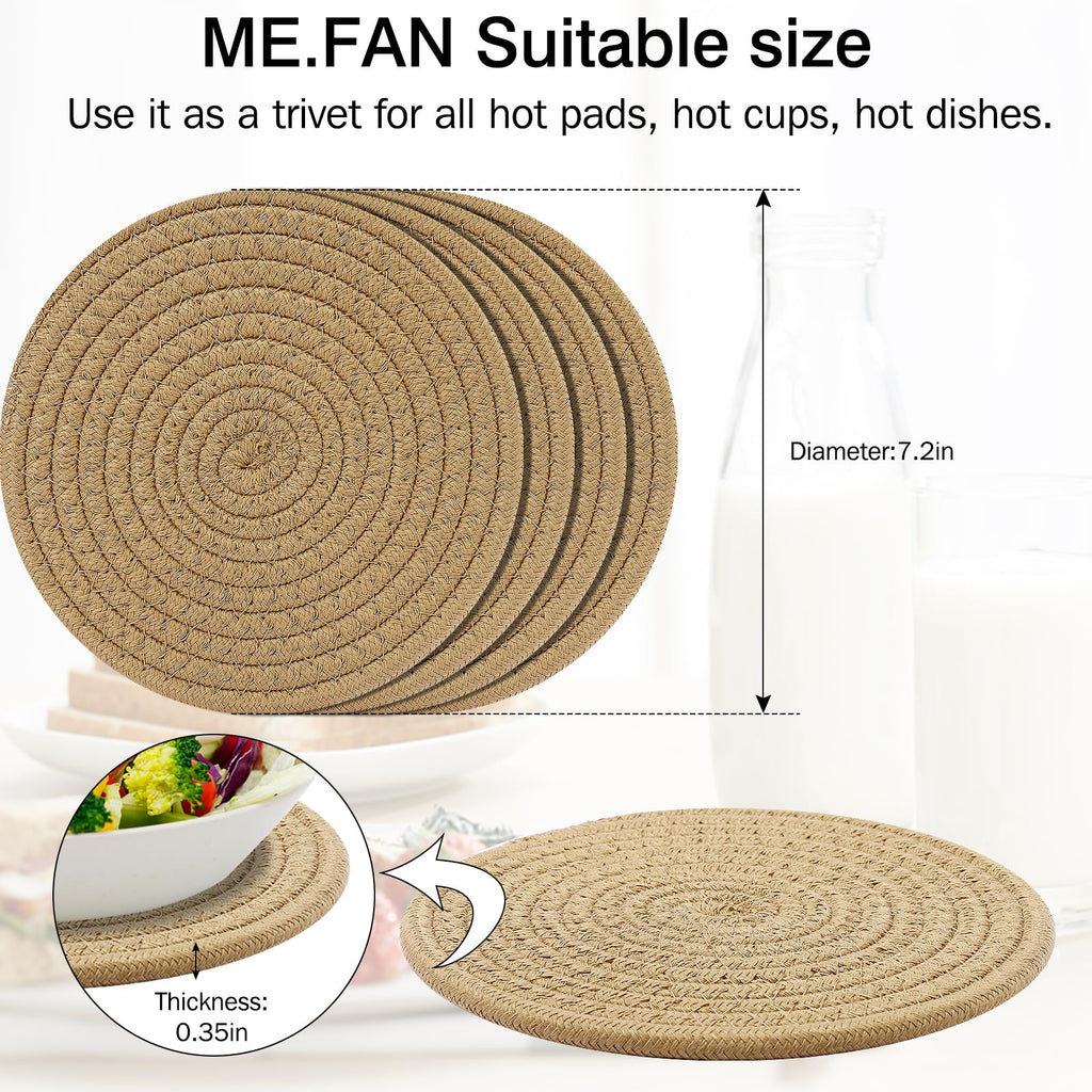 ME.FAN 7 Inch Trivets/Potholders 4 Set Cotton Thread Weave Trivets for Pots and Pans - Large Coasters/Hot Pads to Protect Desktop & Countertop - Brown