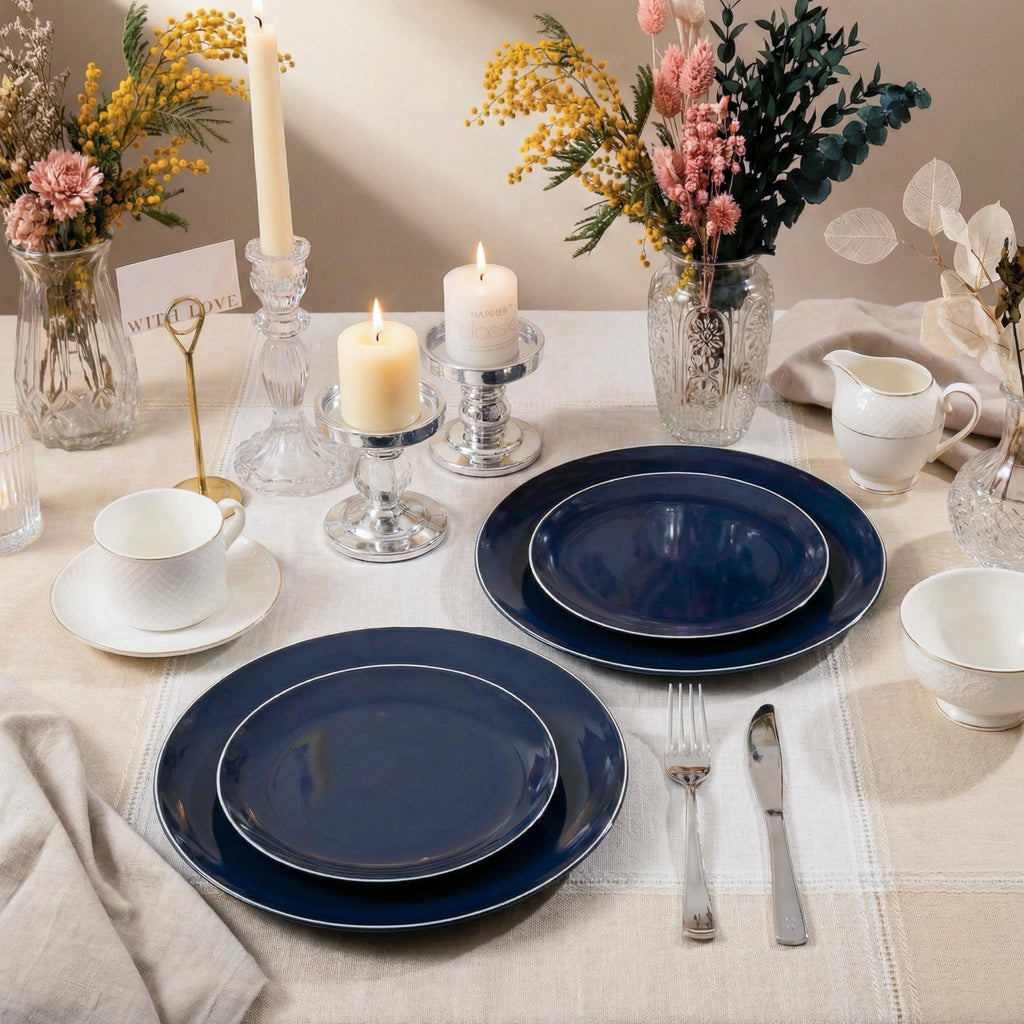 KIRE 200PCS Blue Plastic Plates with Silver Rim - Navy Blue Plastic Plates Include 100 Dinner & Dessert Plate - Heavy Duty Dark Blue Disposable Plate for Wedding/Parties
