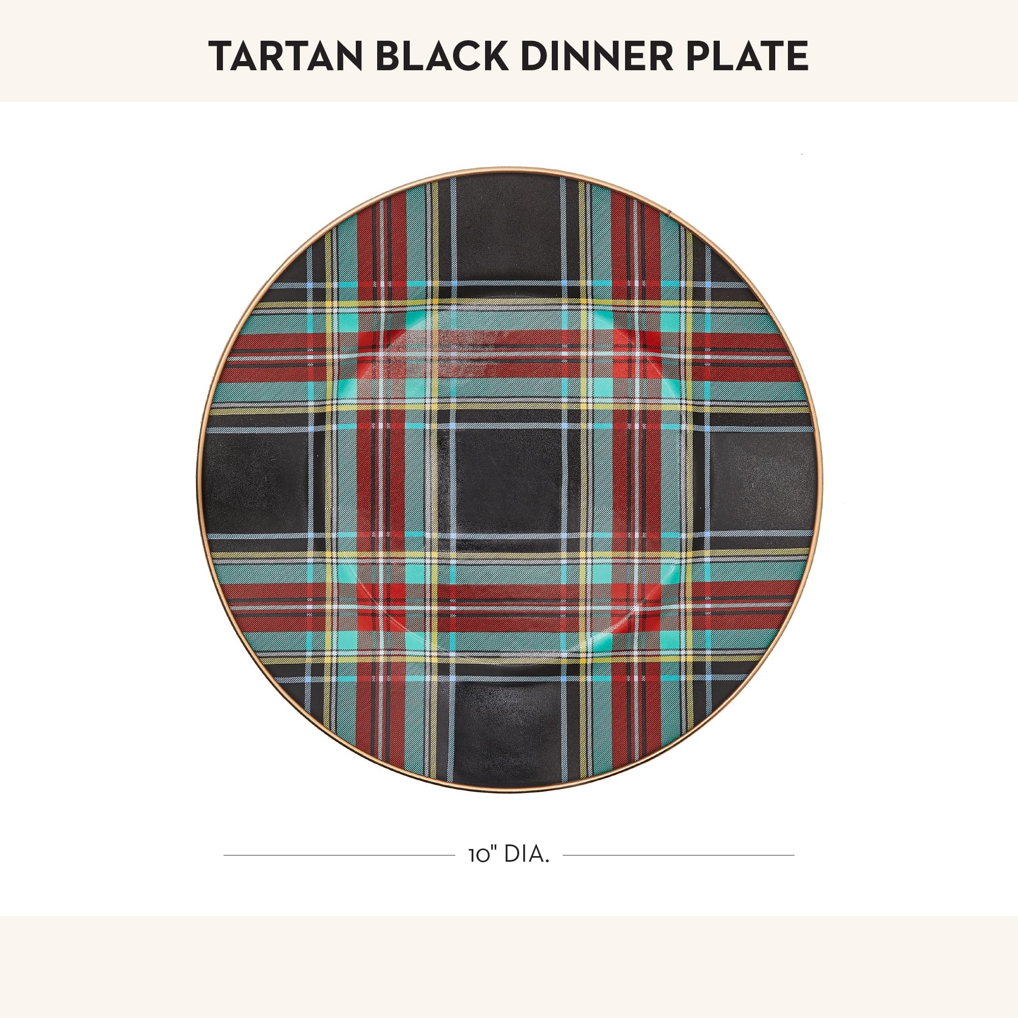 MACKENZIE-CHILDS Enamel Dinner Plate, Decorative Dinnerware Plate, 10 Inches, Set of 1, Black Tartan