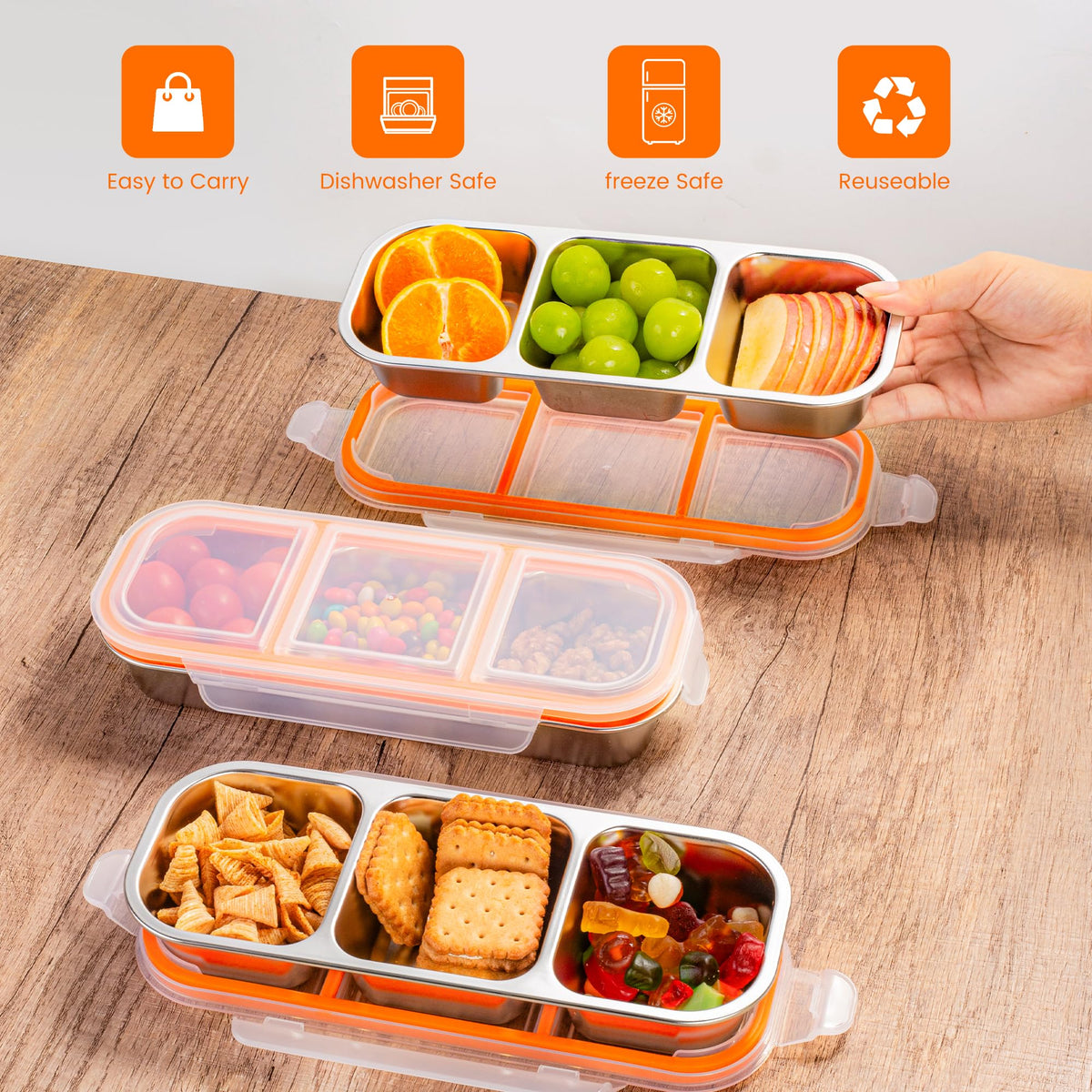 Bandesun Stainless Steel Snack Containers for Kids & Adults, 3 Pack Leek Proof Metal Bento Lunch Box with with lids, Lunchable Containers for Travel, School, Home - Stackable Bento Snack Box