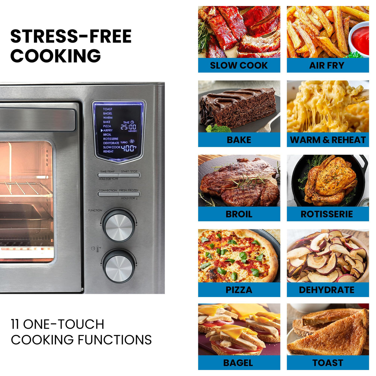 Kenmore Digital 11-In-1 Air Fryer Toaster Oven Combo 25 Qt Convection Rotisserie Dehydrator Bake Broil 1800 Watts 80°-450°F Temp Controls Top & Bottom Heater Adjustments Stainless Steel Large Capacity