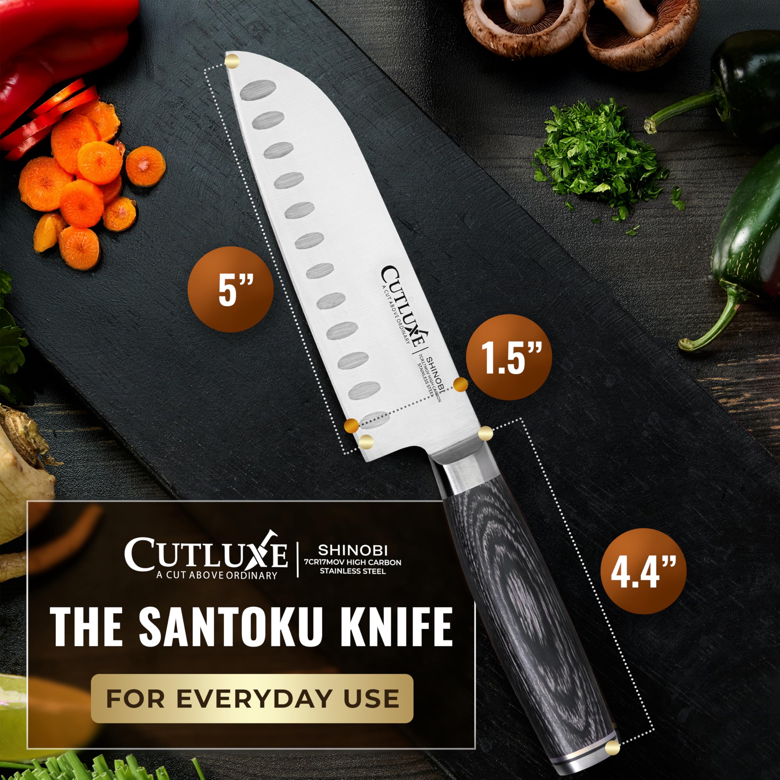 Cutluxe Santoku Knife, 5" Japanese Meat & Vegetable Knife for Chopping