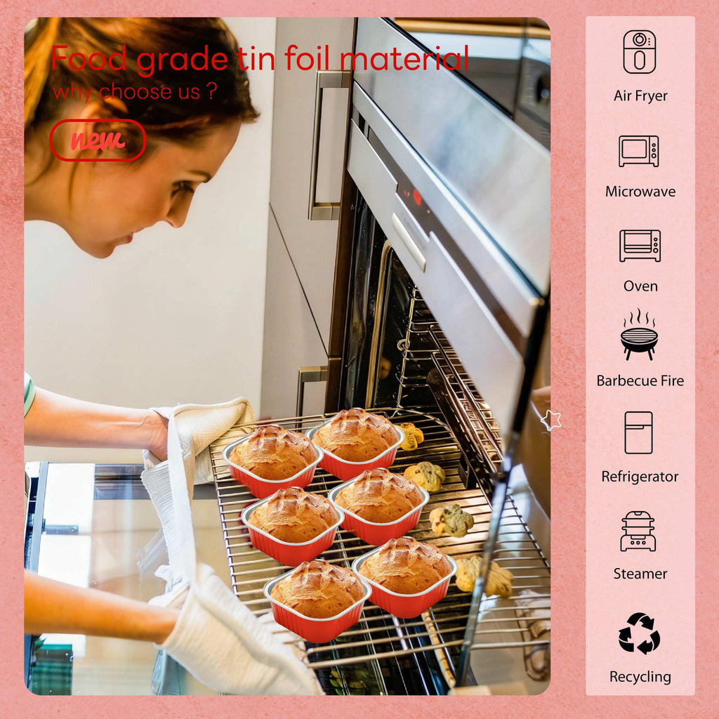 NPLUX Square Cake Pans with Lids, 50 Pack Red 10oz for Seasonal Baking