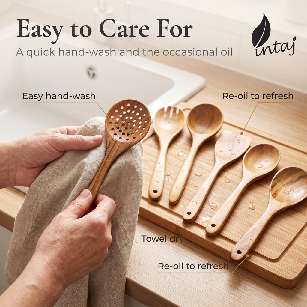 INTAJ Wooden Spoon Set for Cooking, 6-Piece Handmade Teak Kitchen Utensils