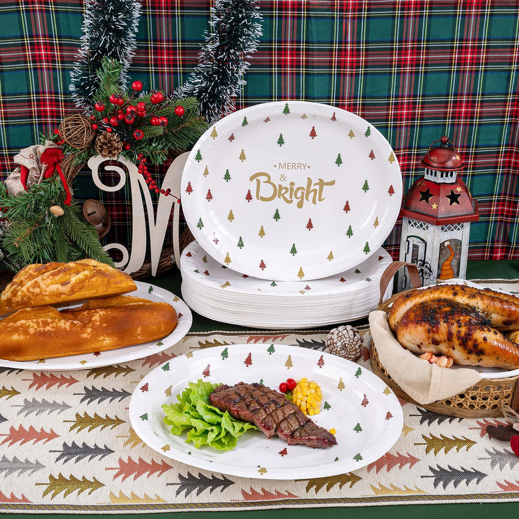 WDF 100 Pack Christmas Paper Plates - 10" x 12"Disposable Christmas Plates Disposable with Christmas Trees-Large Oval Paper Plates Heavy Duty- Party Plates for Christmas