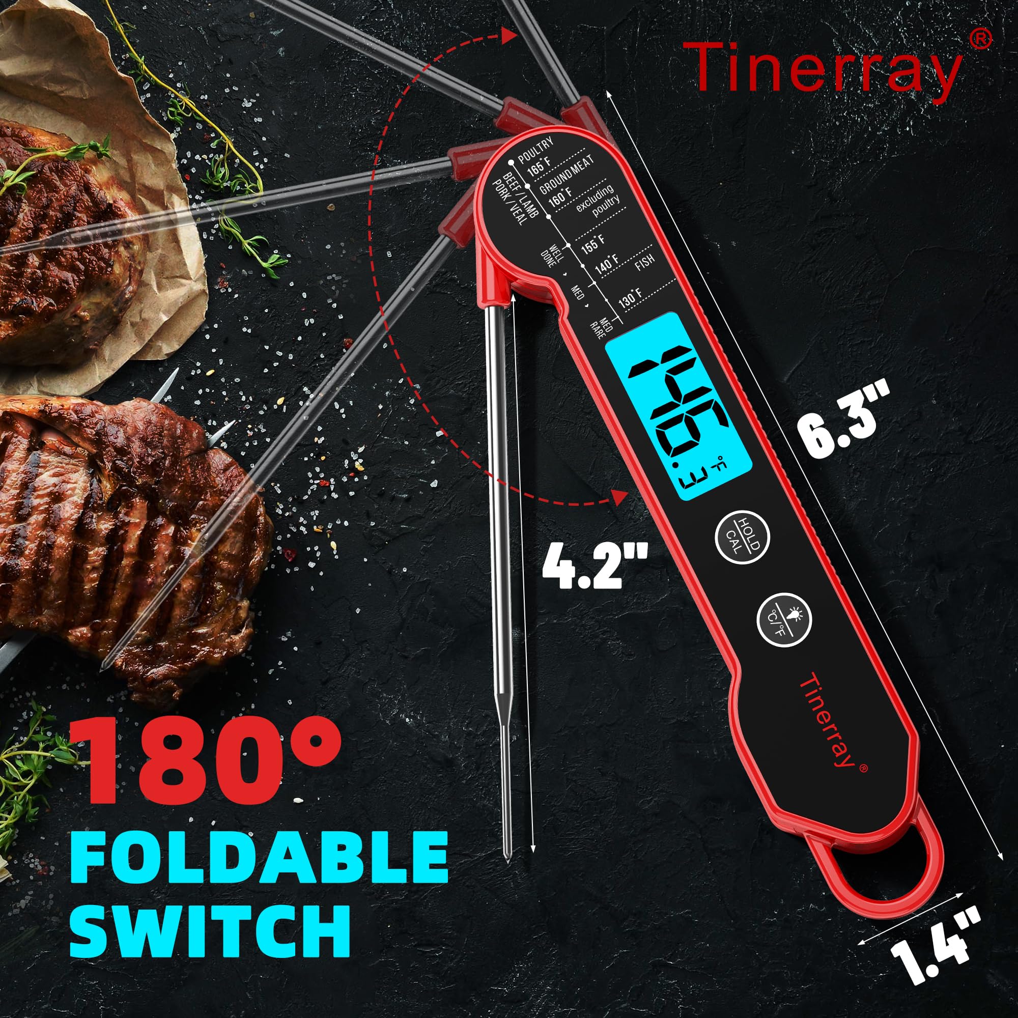 Professional Digital Meat Thermometer Instant Read Waterproof – Folding Probe Food Thermometer with Backlight & Calibration, Fast Read for BBQ, Grill, Deep Fry, Cooking, Liquids, Gift for Chef