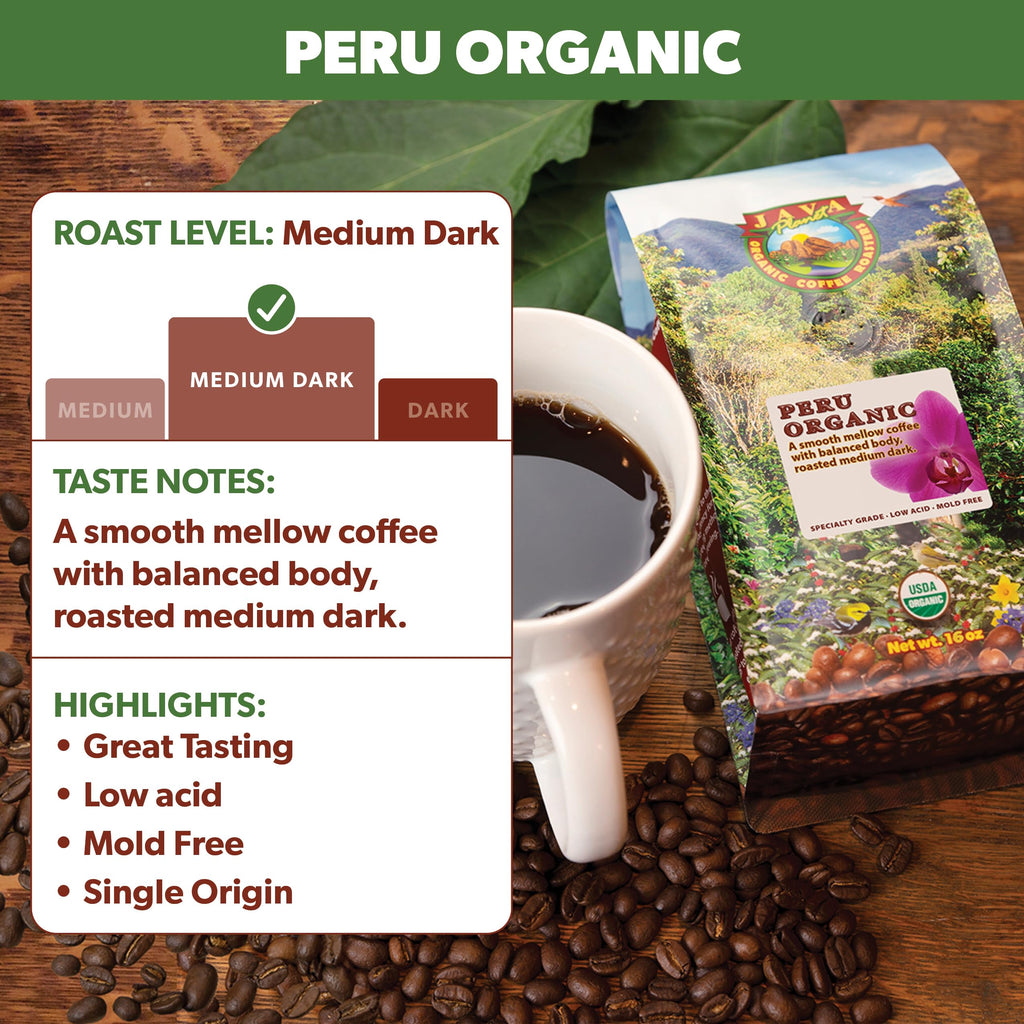 Java Planet Low Acid Organic Coffee, Peruvian, Medium Dark Roast, 16 oz